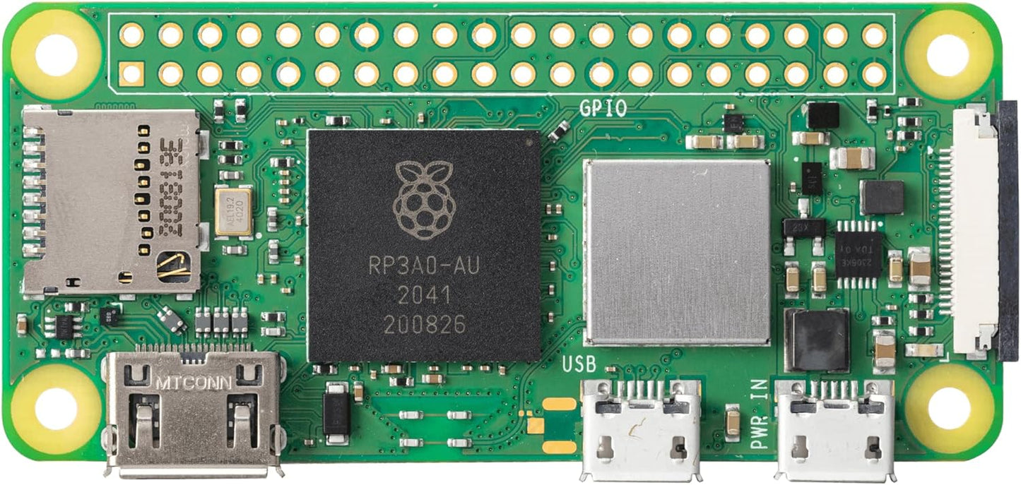 Pi Zero 2 W Base Kit - Includes Official Raspberry Pi Zero 2 W, Aluminum Alloy Mini HDMI to HDMI Adapter, Glossy Black Case, Heat Sink, Color-Coded 20-Pin GPIO Header, and Micro USB OTG Cable