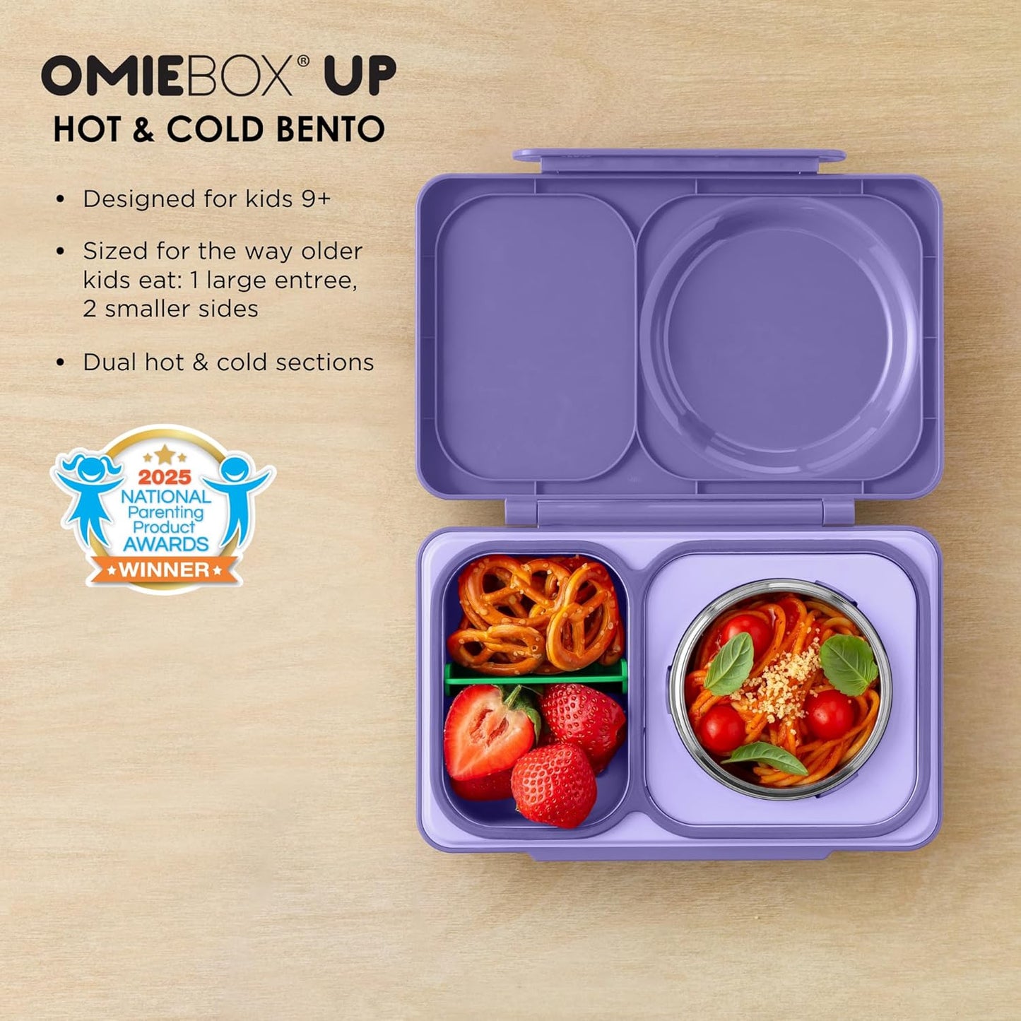 OmieBox UP bento box for kids | Insulated lunch box | Insulated food jar | Cooler ice pack | 2 Compartments (Cherry Pink)