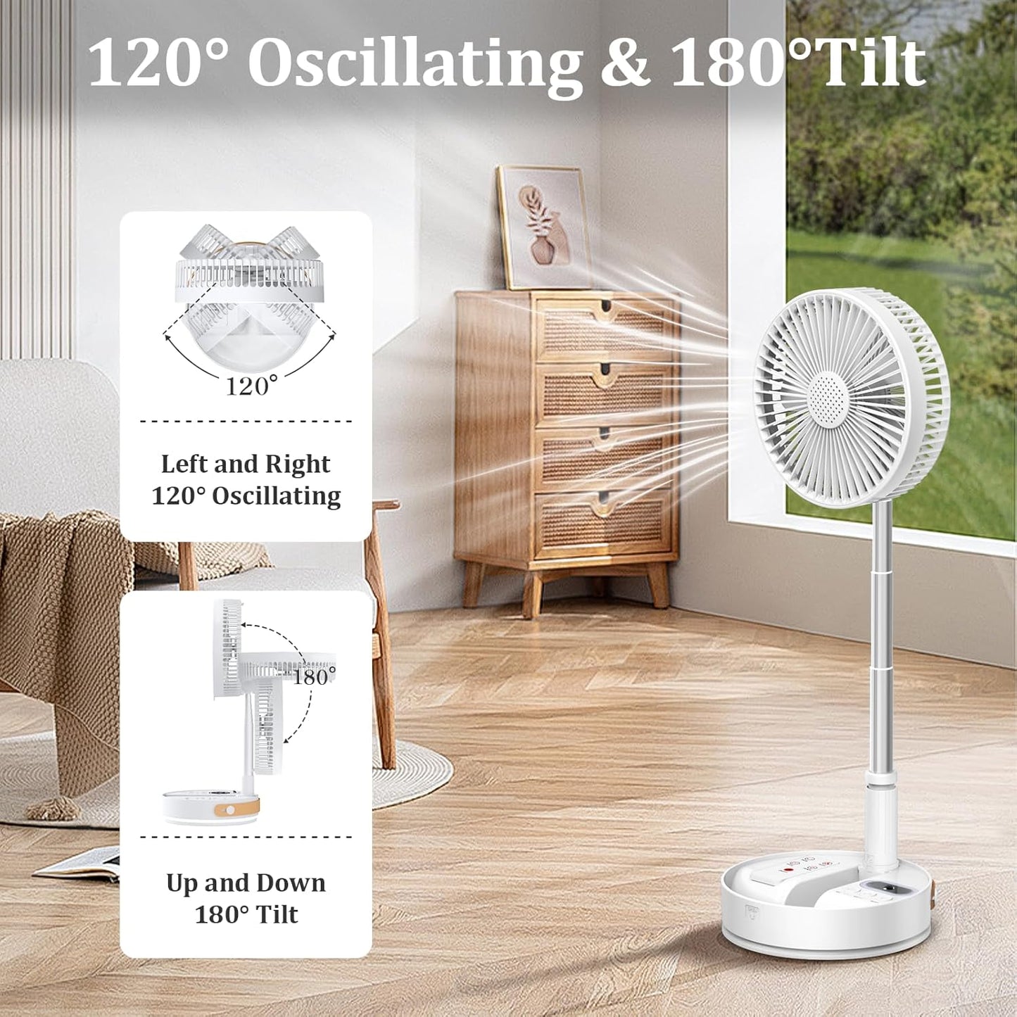 HHT Foldable Portable Standing Fan with Remote, 8" Rechargeable Floor Fan, 120° Quiet Oscillating Fan, 4 Speeds, LED Light, Timer, 7200mAh Battery, Adjustable Height Table Fan for Home Travel