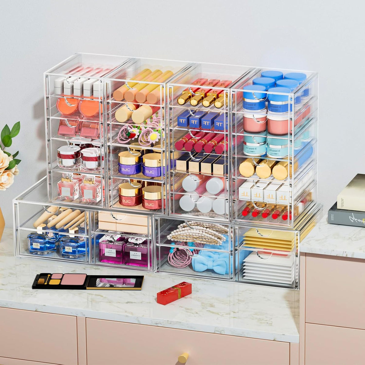 2 Pack Desk Organizers, Makeup Organizer Storage With 7 Drawers, Desktop Office Supplies, Clear Desk Accessories, Dustproof Drawer Organizer and Storage for Make Up, Jewelry, Pen, Desktop Stationary