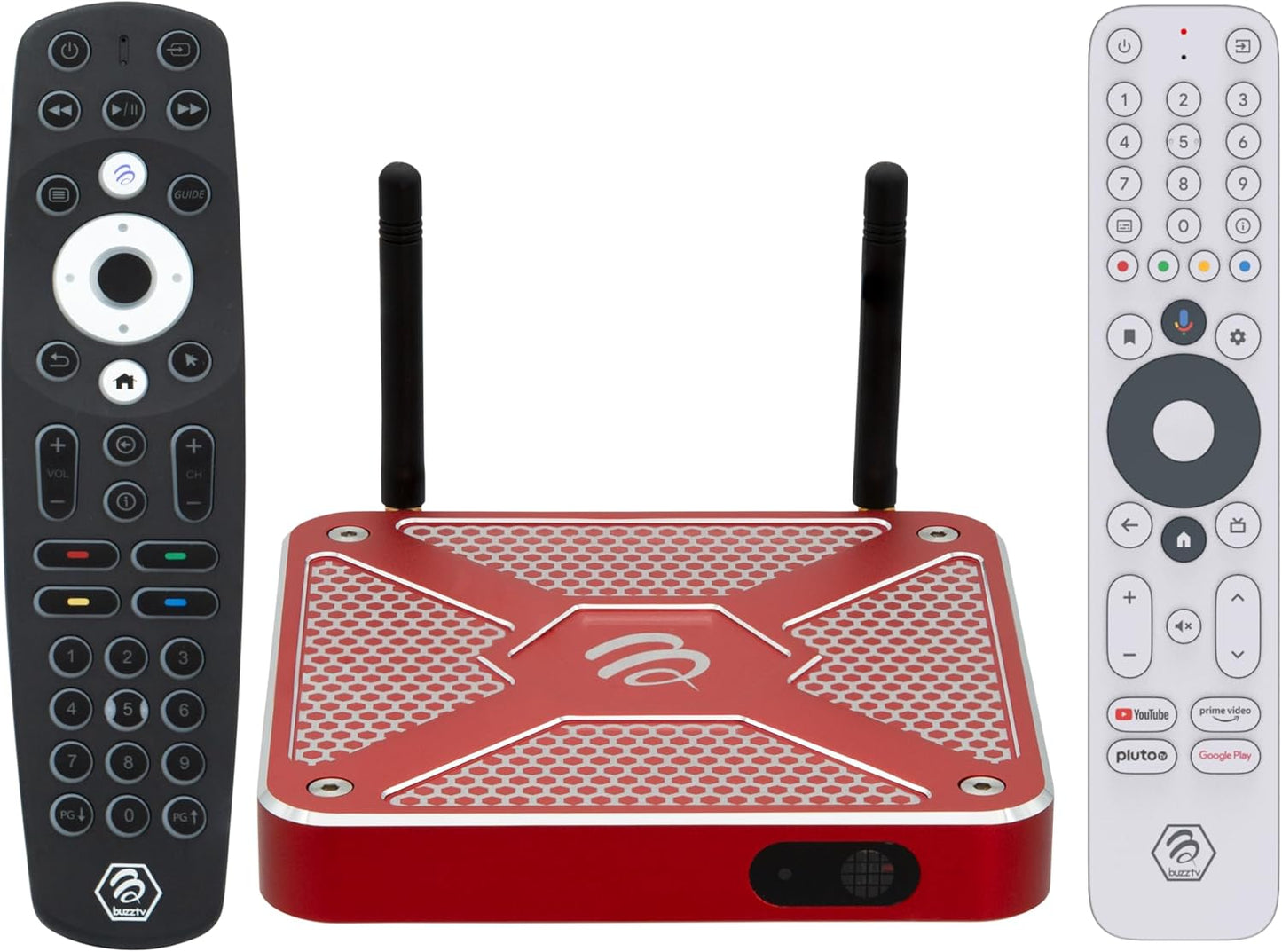 BuzzTV X5 SS Android 13 TV Box, 4GB DDR4 RAM, 128GB Storage, Scarlet Red Aluminum, Dual Voice-Controlled Remote, Wireless AX, USB-C, Global Power Adapters