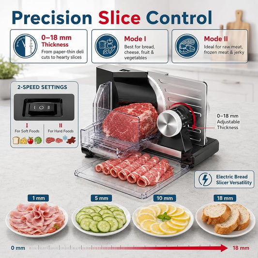 Foldable Meat Slicer Machine, 160W Electric Bread Slicer with Stainless Steel Blade, 0-18mm Thickness Adjustable, Food Cutter for Frozen Deli Meat Jerky