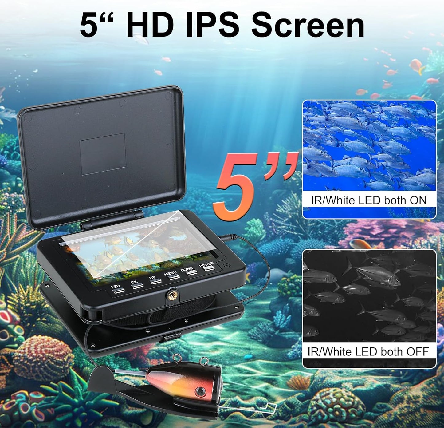 Underwater Fishing Camera for Rod, 5 Inch LCD Monitor with 1080P Portable Fish Finder, Adjustable LED White Light, 15M Cable Aluminum IP68 Camera for Ice Lake Sea Boat Kayak Fishing