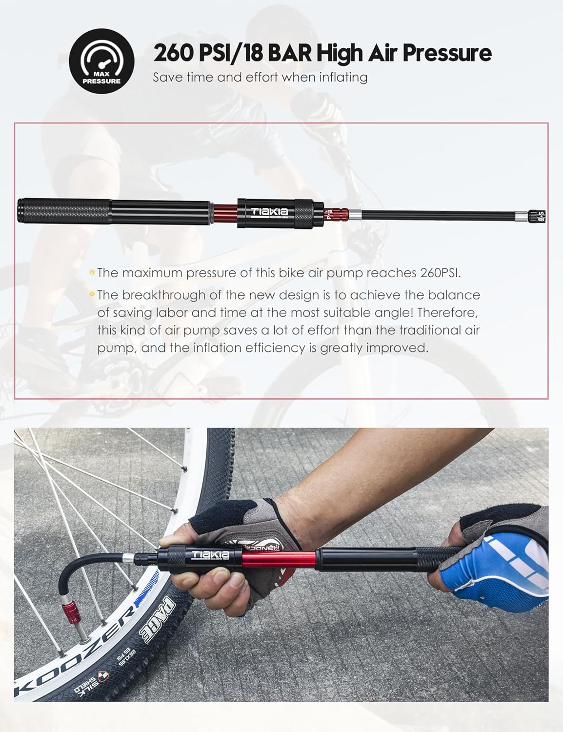Tiakia Mini Bike Pump Portable Bicycle Pump Compact High Pressure Frame Pump 260PSI- Air Hand Pump Fit Presta, Schrader & Woods Valves,Aluminum Alloy Durable Tire Pump for Road/Mountain/BMX Bikes