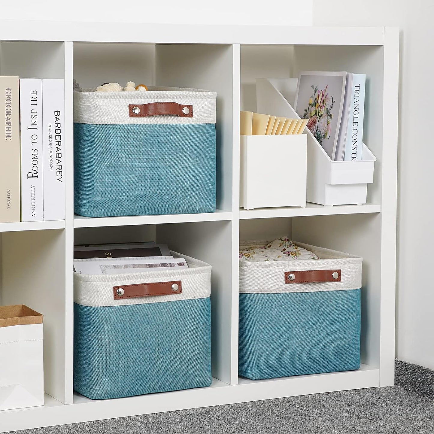 DULLEMELO Storage Baskets for Shelves, Fabric Collapsible Rectangular Storage Bins for Shelves, Closets, Nursery, Home, Office, Empty Gift Baskets (White&Teal)