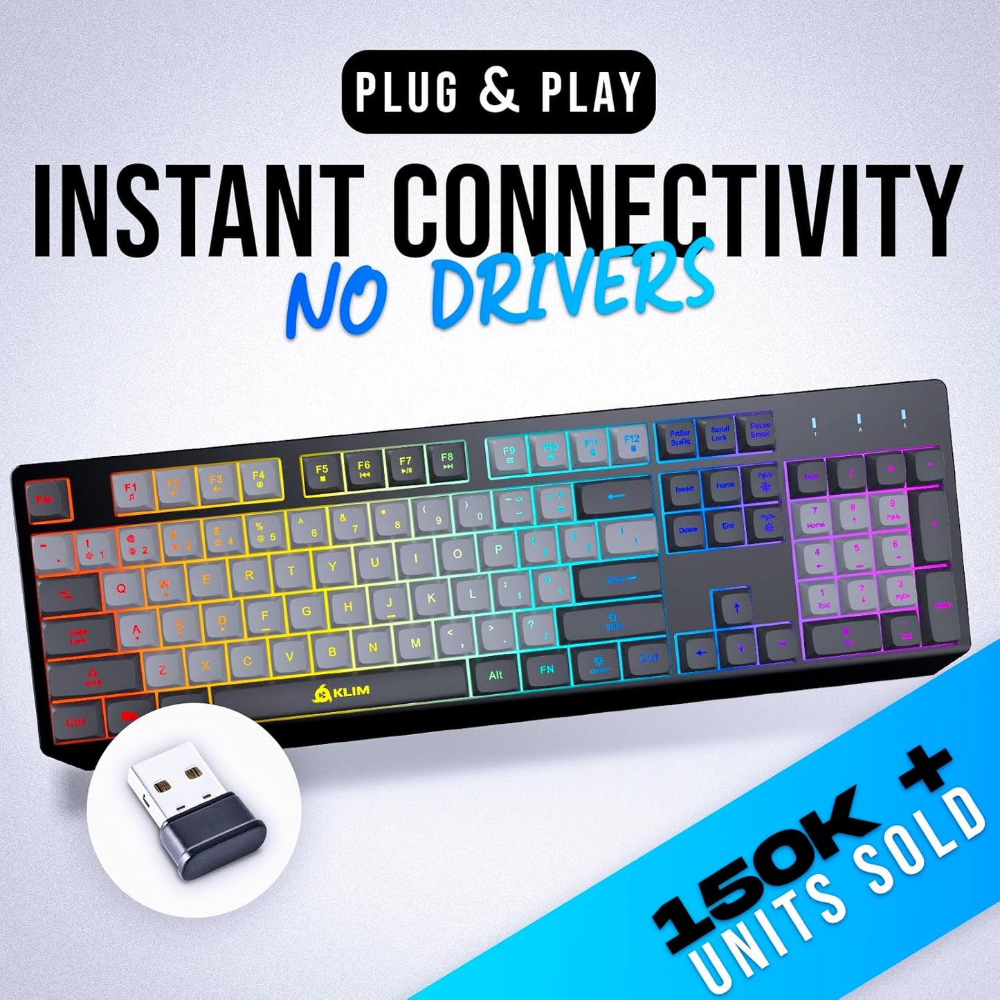 KLIM Chroma Wireless Gaming Keyboard RGB New - Long-Lasting Rechargeable Battery - Quick and Quiet Typing - Water Resistant Backlit Wireless Keyboard for PC PS5 PS4 Mac - Black