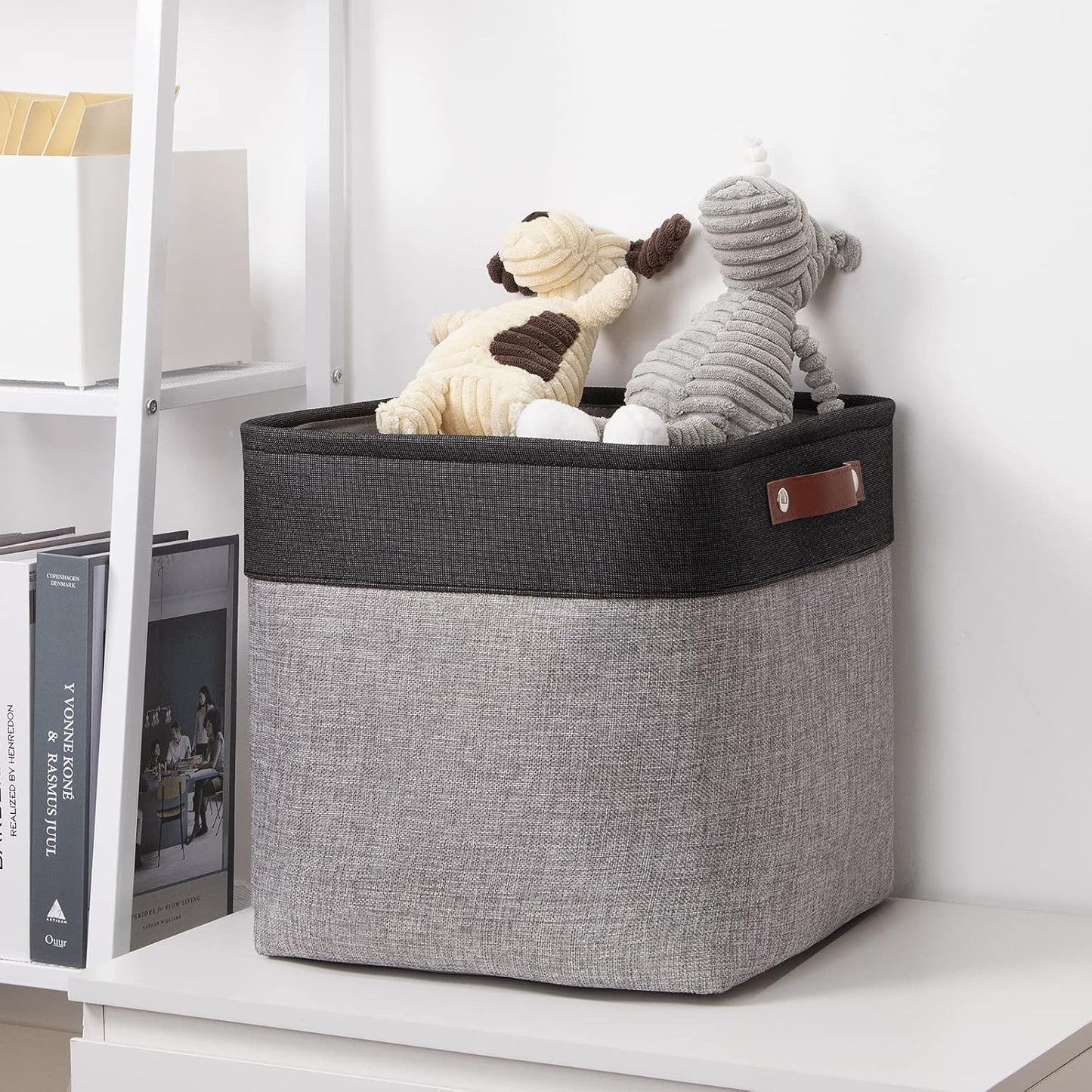 DULLEMELO Storage Baskets for Shelves, Fabric Collapsible Rectangular Storage Bins for Shelves, Closets, Nursery, Home, Office, Empty Gift Baskets (White&Teal)