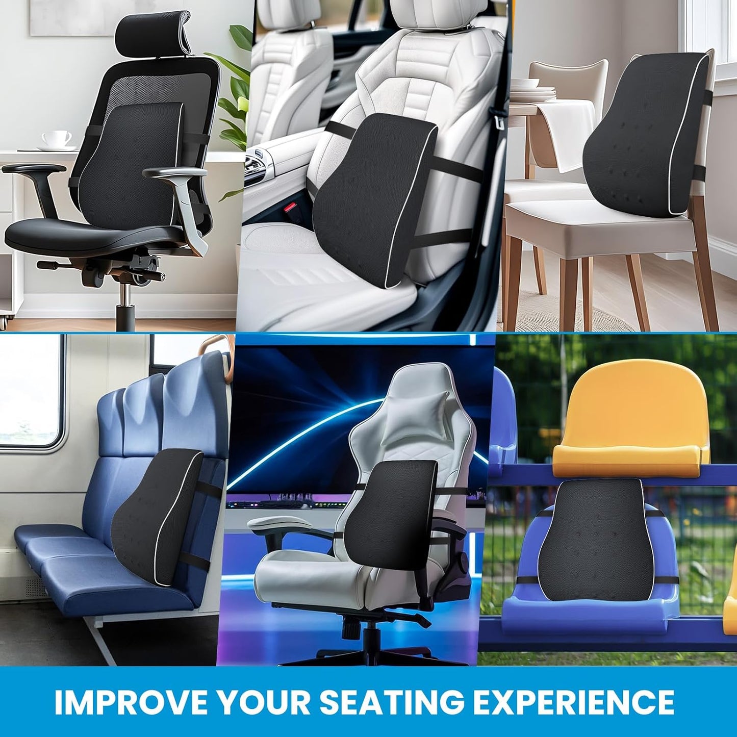 Lumbar Support Pillow for Office Chair Car Memory Foam Back Cushion Back Pain Relief Improve Posture Large Back Pillow for Computer, Gaming Chair, Recliner with Mesh Cover Double Adjustable Straps
