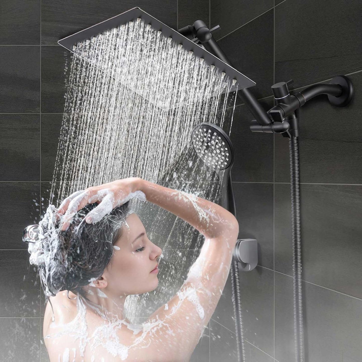 COSYLAND Rain Shower Head with Handheld - 304 Stainless Steel High Pressure 8 inch Square Rainfall Showerhead Combo with 5 Spray Mode 11 inch Extension Adjustable Arm & 60 inch Hose - Chrome