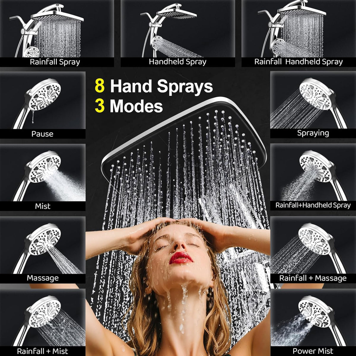 Rain Shower Head with Handheld High Pressure Rainfall Shower Heads with Handheld Spray Combo Adjustable one-piece Stand daul Shower Head Built-in Magnetic Docking and Power Jets(Sliver)