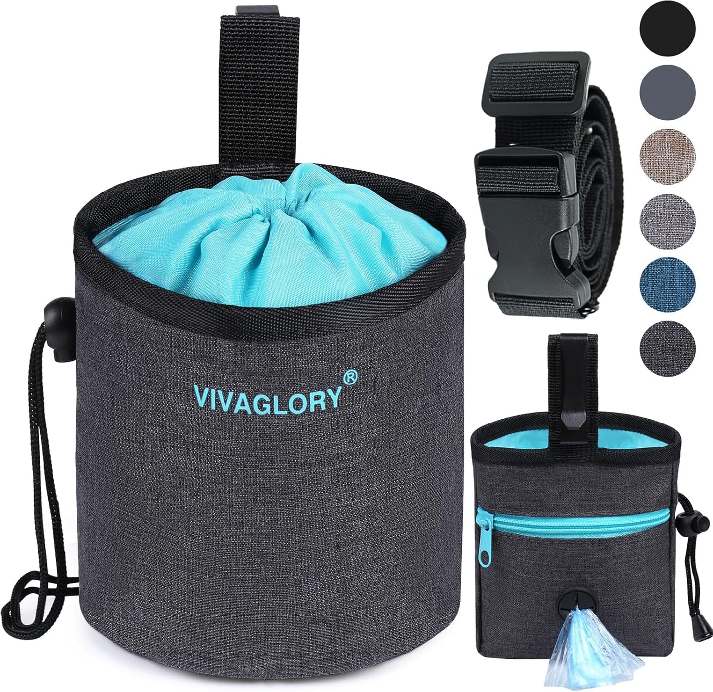 VIVAGLORY Dog Treat Bags, Puppy Pet Dog Training Treats Pouch Hands-Free 2 Ways to Wear with Adjustable Waistband and Built-in Dog Waste Bag Dispenser, Grey
