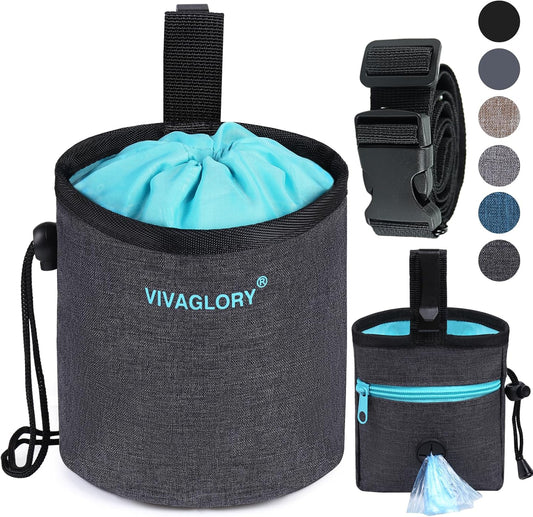 VIVAGLORY Dog Treat Bags, Puppy Pet Dog Training Treats Pouch Hands-Free 2 Ways to Wear with Adjustable Waistband and Built-in Dog Waste Bag Dispenser, Heather Black