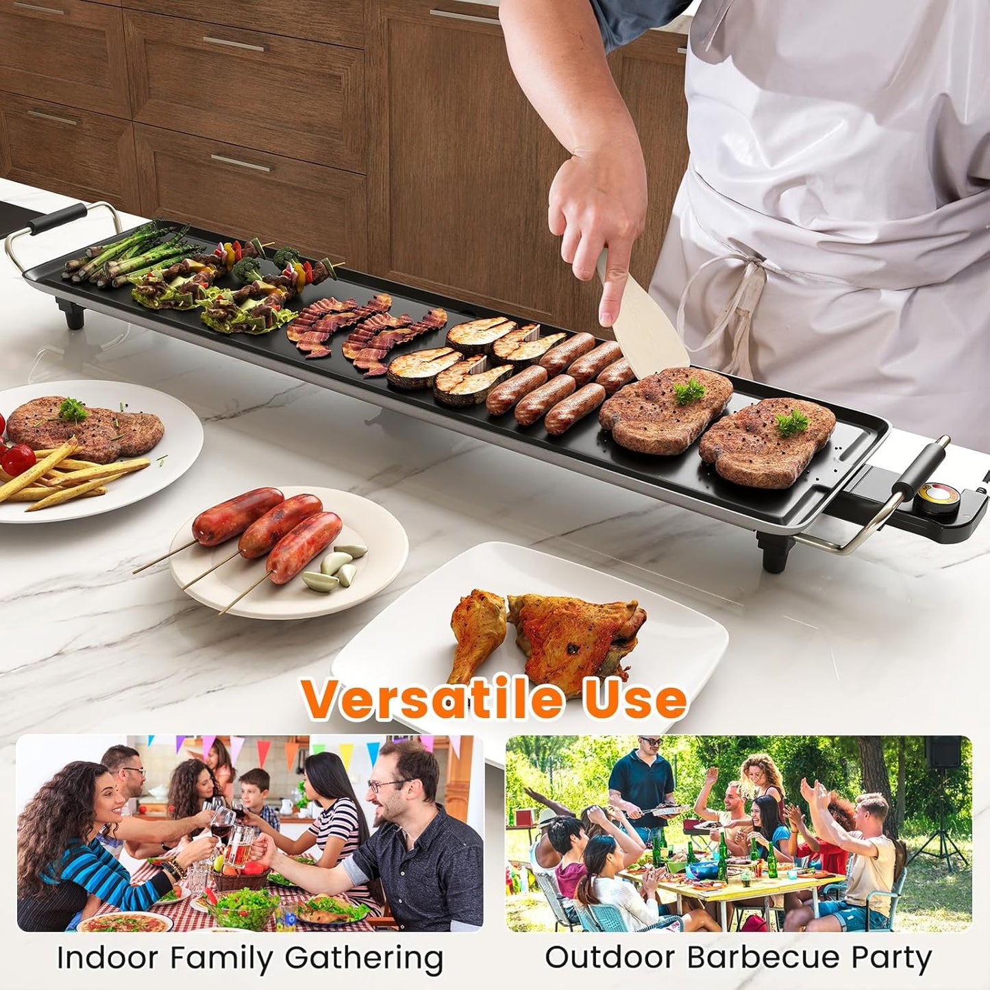 DORTALA 39.5" Electric Griddle, Portable Teppanyaki Grill for 10-12 Person with 2 Cooking Surface, Thermostat Control, Insulated Handles & Drip Tray, Indoor Outdoor BBQ Grill for Party, Camping & RV