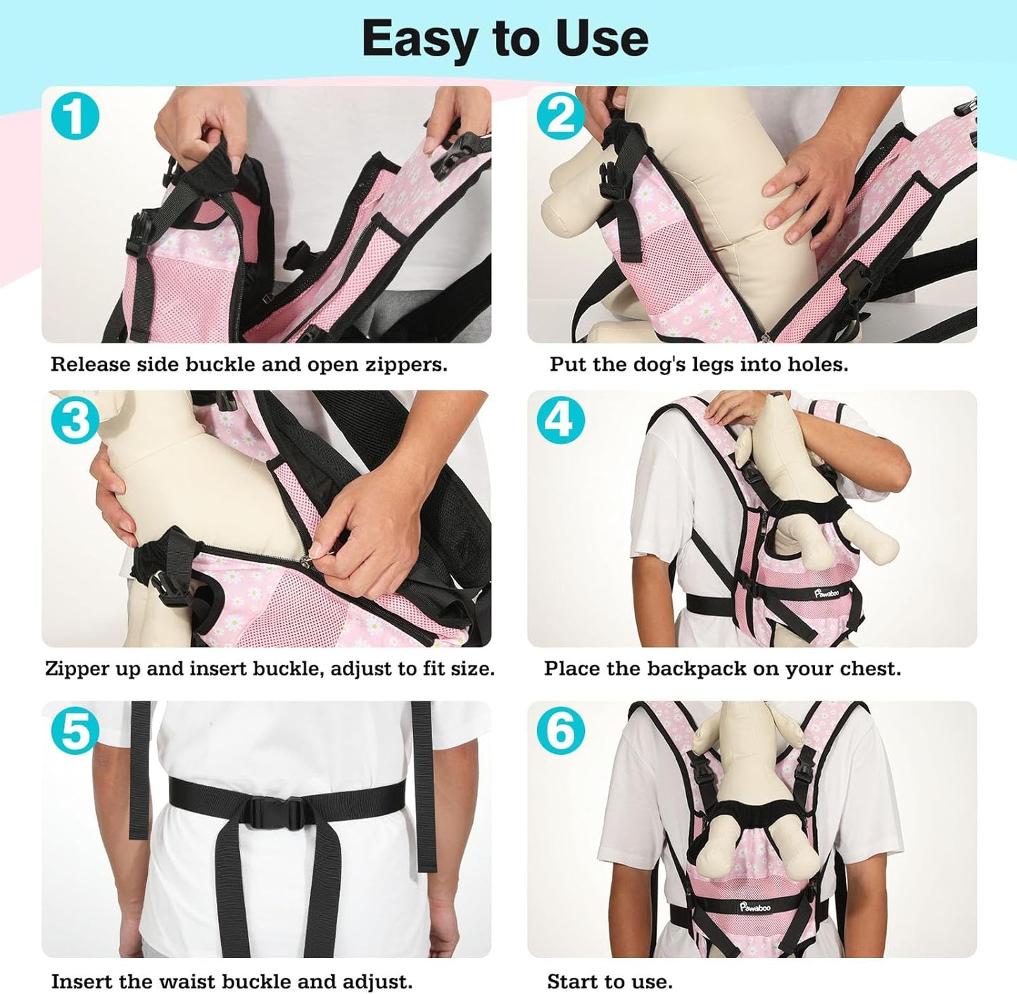 Pawaboo Pet Carrier Backpack, Adjustable Pet Front Cat Dog Carrier Backpack Travel Bag, Legs Out, Easy-Fit for Traveling Hiking Camping for Small Medium Dogs Cats Puppies, Medium, Black