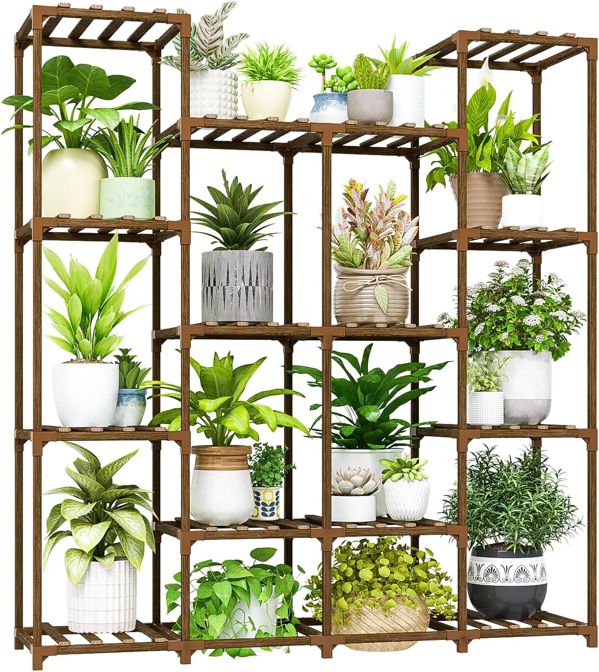 Bamworld Plant Stand Indoor Outdoor Hanging Plant Shelf for Multiple Plants Pots Wood Flower Stand Tall Large Flower Holder for Living Room, Patio, Balcony, Garden Decor, Brown