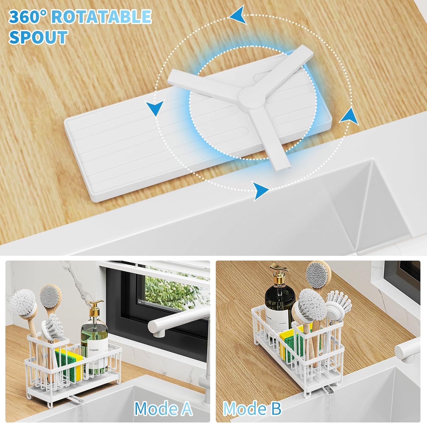 Cisily Sponge Holder for Kitchen Sink, Sink Caddy with High Brush Holder, Organzier Rustproof 304 Stainless Steel Dish Organizer Divider, Soap Dispenser Storage (Black)