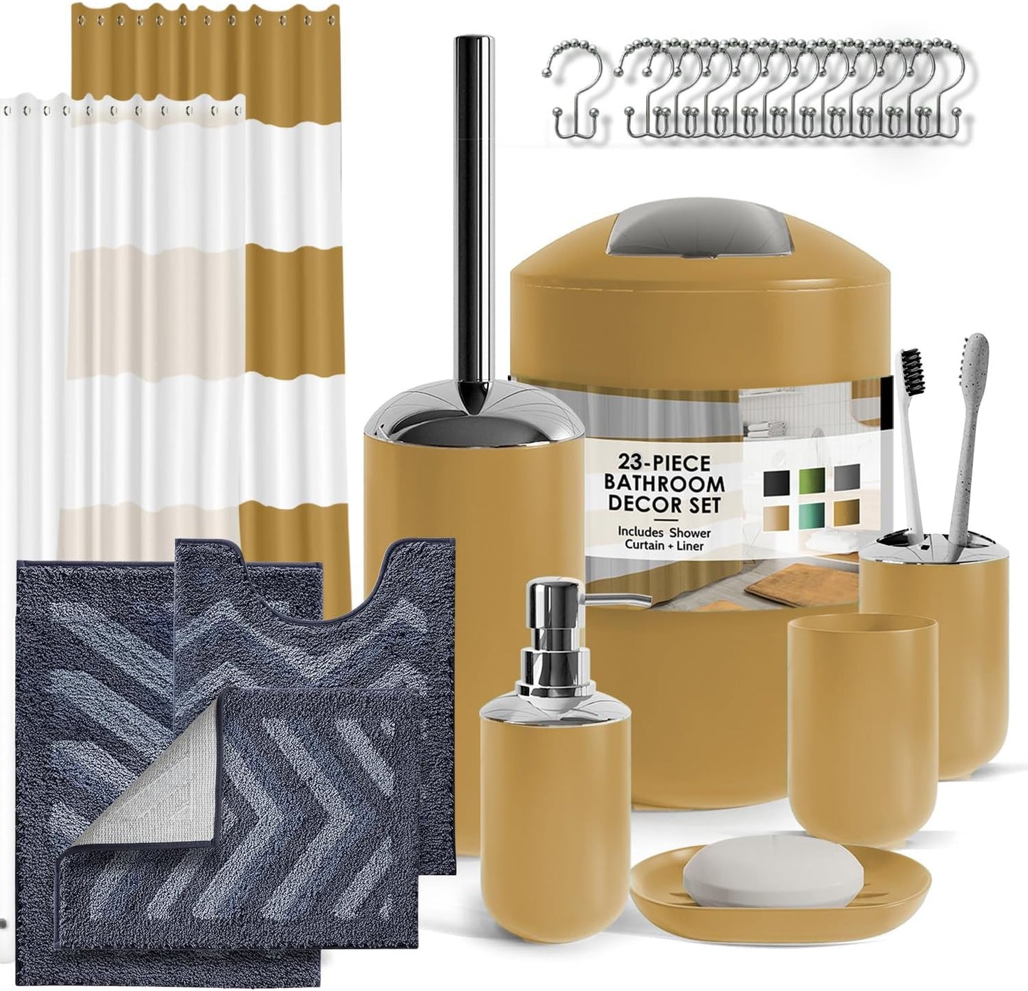 Clara Clark Bathroom Set - Gray Bathroom Accessories Set, Bathroom Sets with Shower Curtain and Rugs, 23PC Shower Curtain Set with Liner, Soap Dispenser, Soap Dish, Toilet Brush Holder, and Trash Can