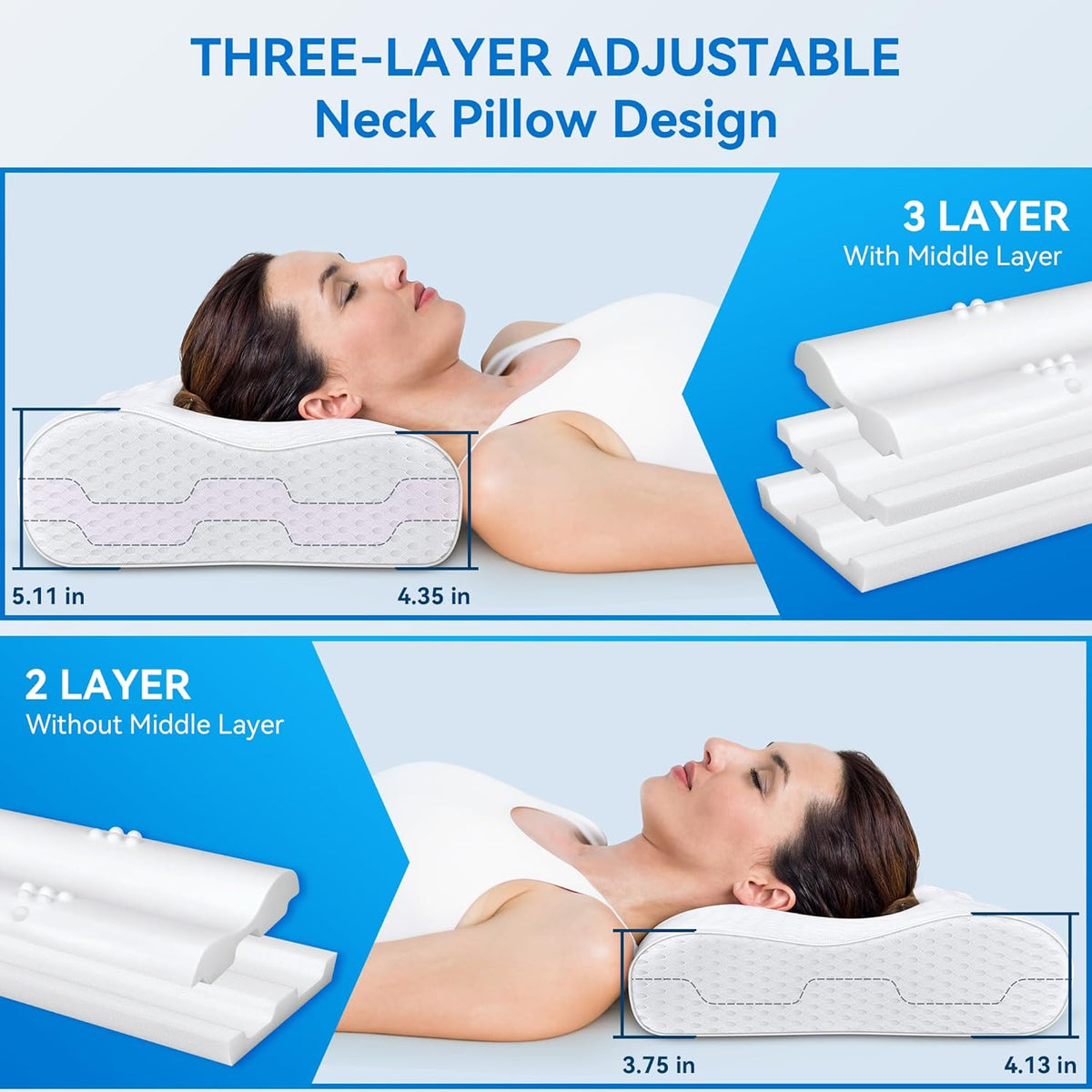 Sandwich Cervical Neck Pillow Queen Size, Memory Foam Pillow for Sleeping, Adjustable Contour Ergonomic Orthopedic Cooling Pillow for Side, Back & Stomach Sleepers(Soft)