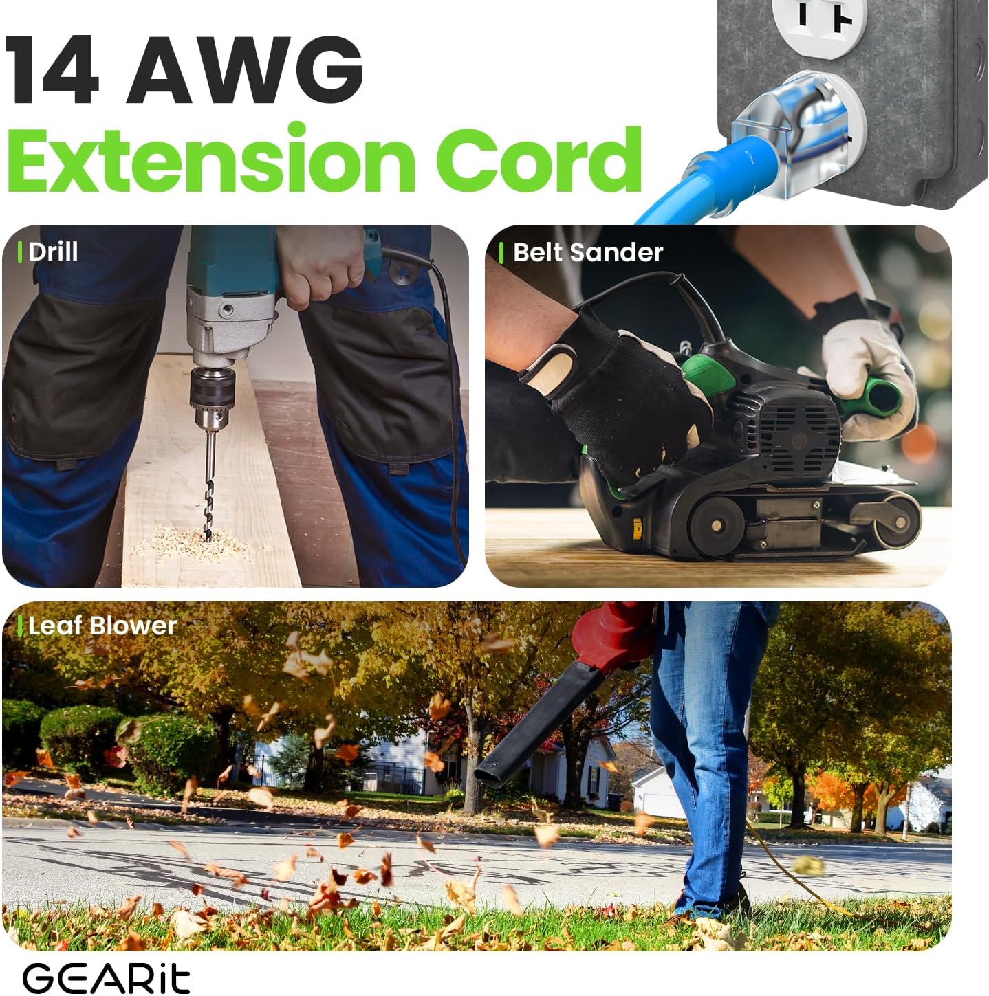 GEARit Outdoor 14 AWG Gauge 3 Prong Plug, Extension Cord, Ultra Heavy Duty SJEOW, 14/3, for Indoor/Outdoor, LED Lighted Plug, Resistant Rubber Jacket, Extreme Weather, 100 Feet, Blue