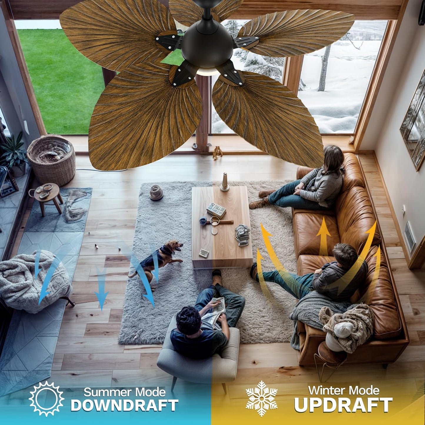 DWVO 52" Ceiling Fans with Lights, Tropical Ceiling Fan with Lights and remote, LED Tri-Color Temperature, Reversible 6 Speeds w/Quiet DC Motor for Living Room, Dining Room, Bedroom