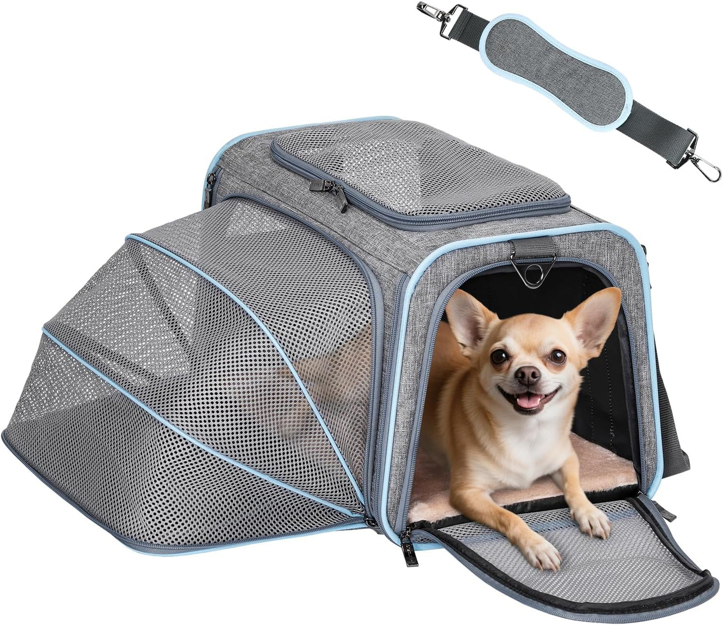 Petsfit Expandable Cat Dog Carrier Airline Approved, 17" L x 11" W x 11" H Soft-Sided Portable Pet Travel Carrier for Kitten, Puppy, Removable Soft Plush Mat and Pockets, Auto-Locking Zippers