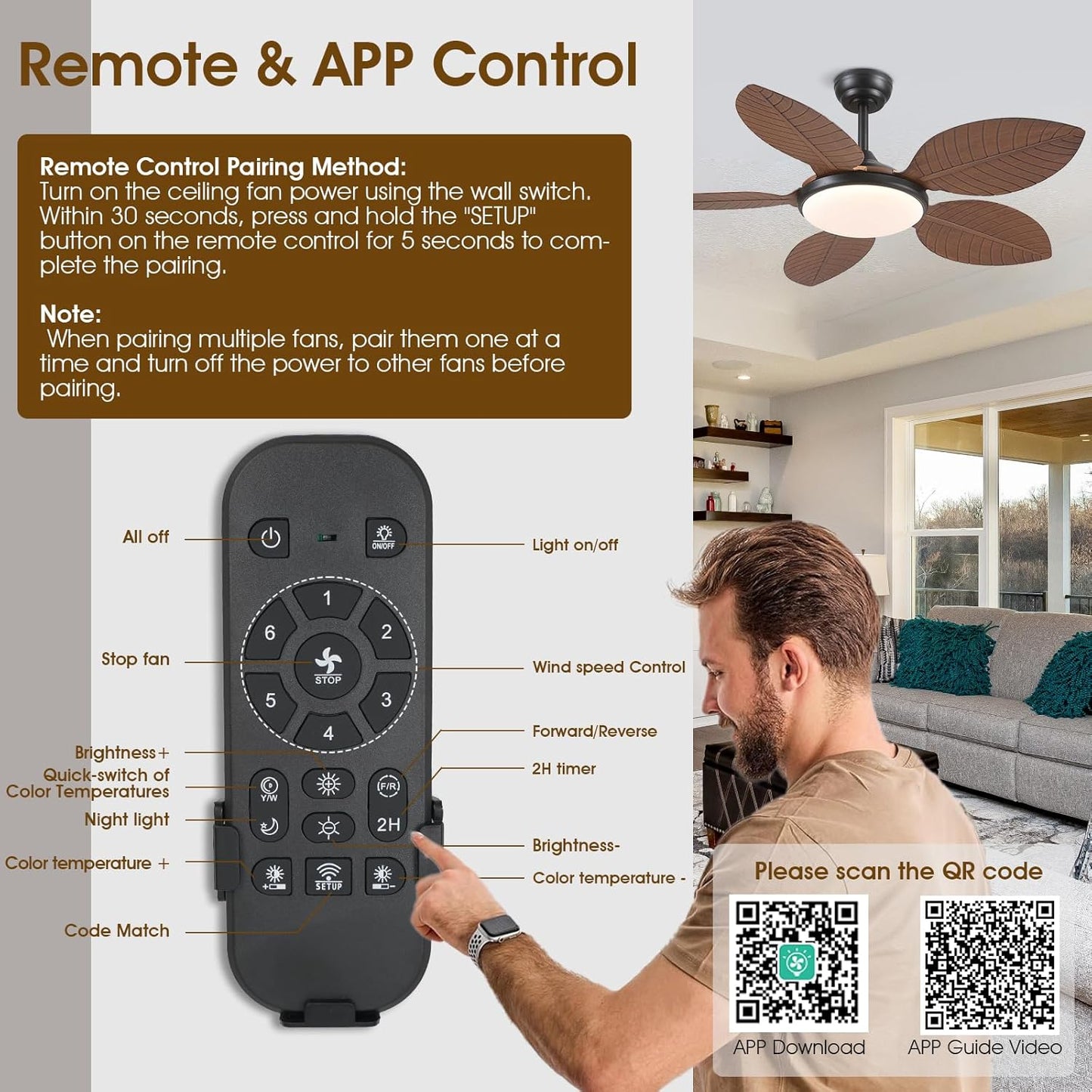 Wiviniya Ceiling Fans with Lights and Remote/APP Control, 44 Inch Tropical Palm Leaf Ceiling Fan with LED Lights, Outdoor Ceiling Fans for Patios Porch, Reversible Quiet Motor, Dimmable, Light Brown