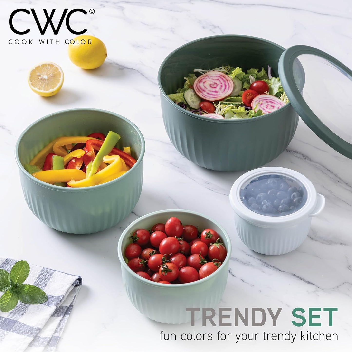 COOK WITH COLOR Prep Bowls with Lids- 8 Piece Nesting Plastic Small Mixing Bowl Set with Lids (Teal Ombre)