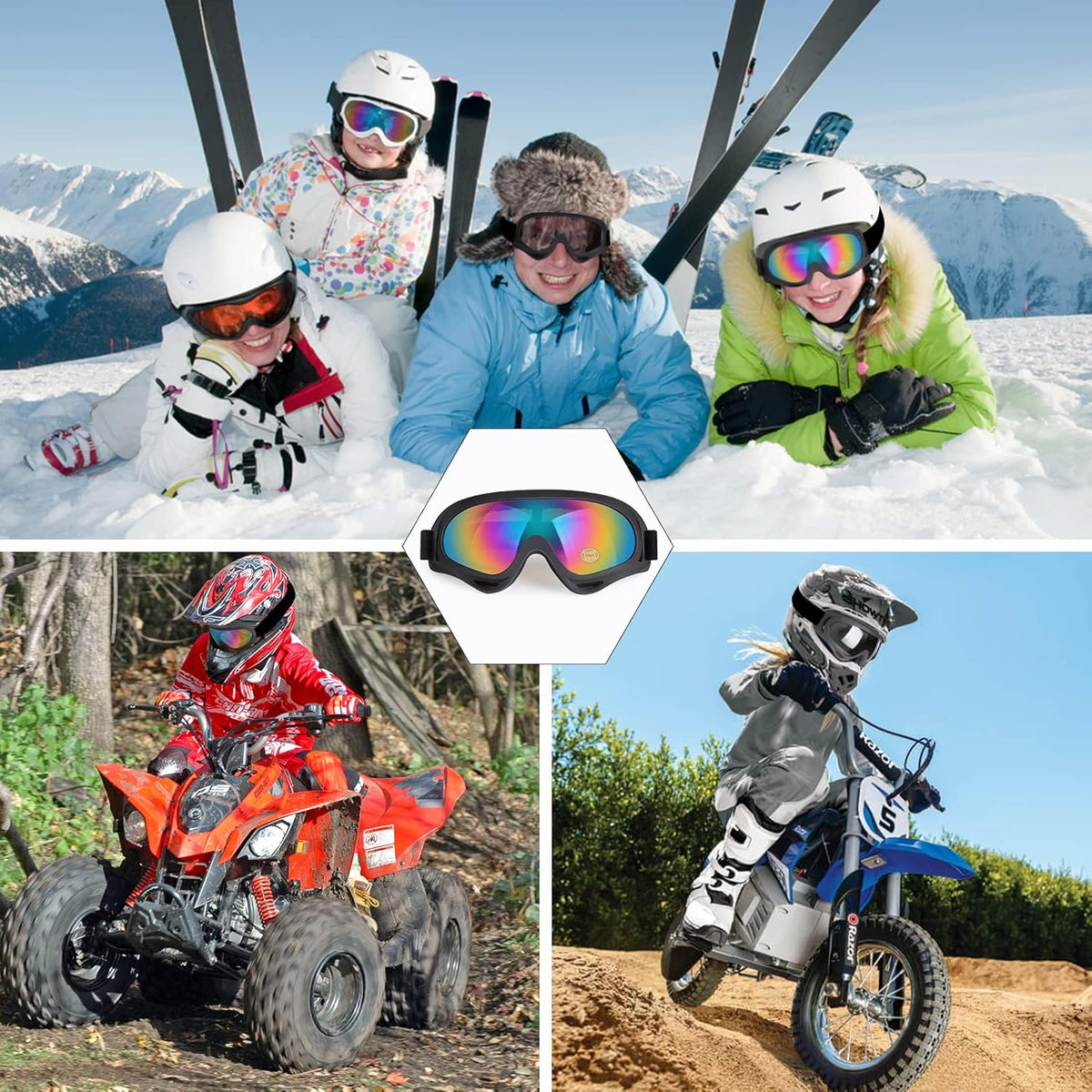 Motorcycle Goggles 2 Pack, Dirt Bike ATV Goggles Motocross Riding Racing Eyewear Off-Road MX Bike & Ski Goggles UV400 Anti-Fog Impact-Resistant Dustproof Goggle for Adult Youth Kids - PuriLite
