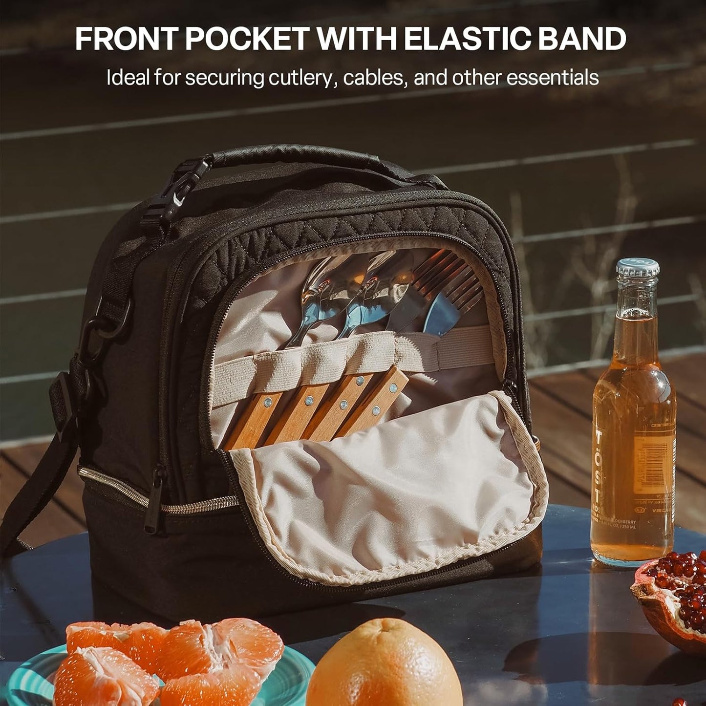 Everfun Womens Lunch Box Two Compartments Insulated Lunch Tote Bag Large Leakproof Soft Cooler for Work Picnic Travel, Black