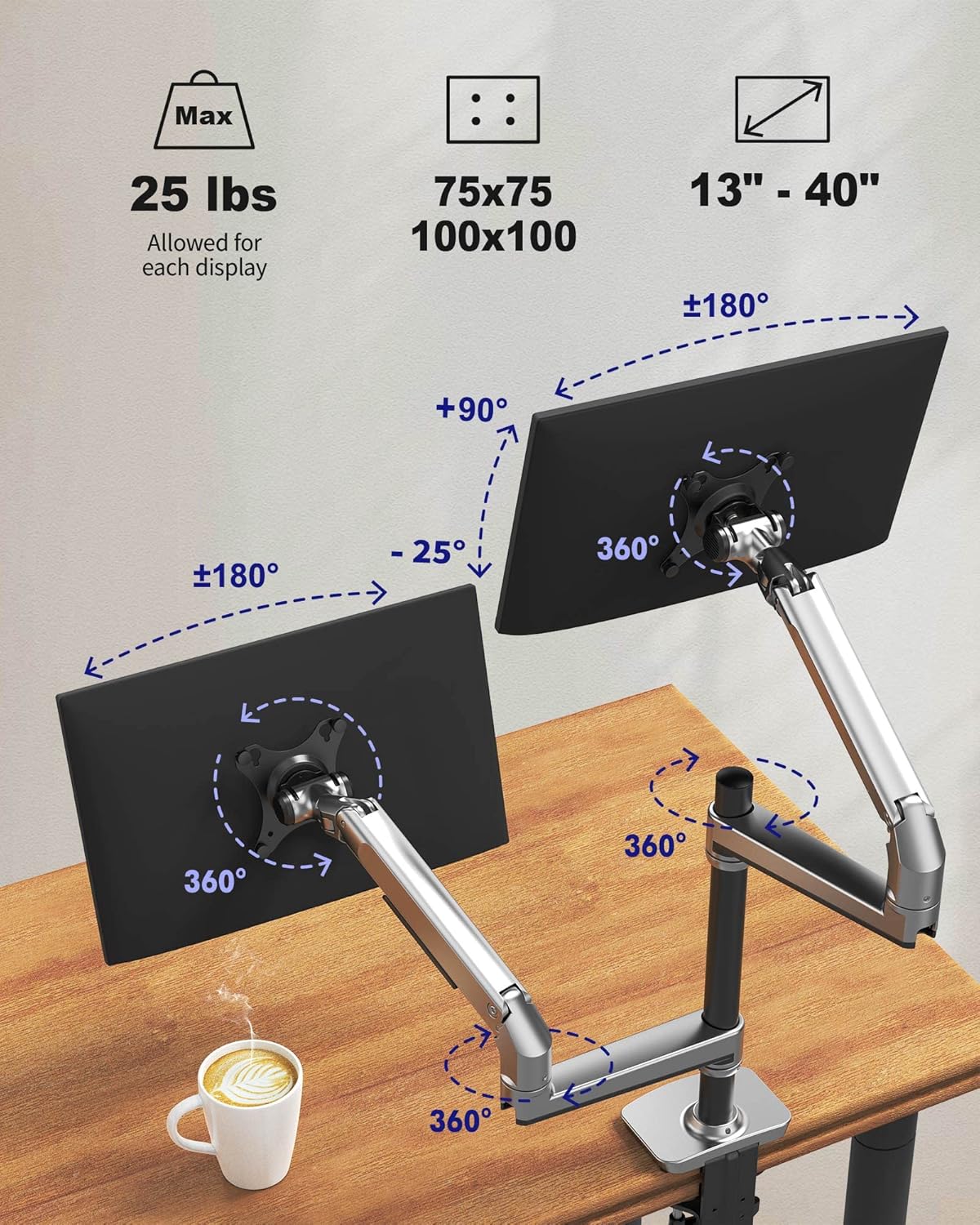 ErgoUnion Dual Monitor Stand for Desk, Vertical Dual Monitor Mount with Wide Range of Motion, Dual Monitor Arm for 17-40" Screen up to 25 lbs Each, Computer Monitor Stand for 2 Monitors - Black