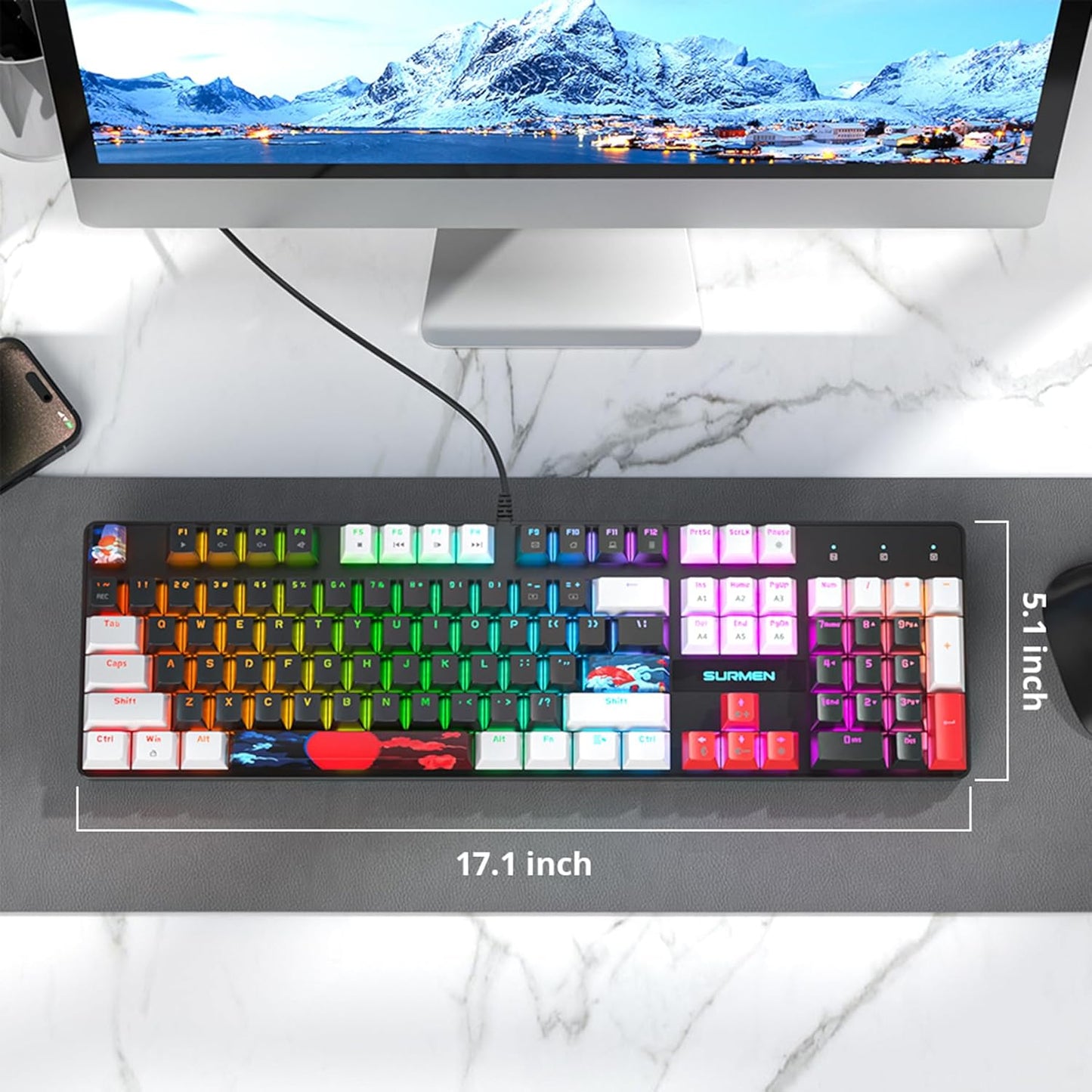 Fogruaden Full Size Mechanical Keyboard, Green Matcha Keyboard, Wired USB 104 Keys RGB Backlit Gaming Keyboard with Number Pad, Red Switches, NKRO Mechanical Keyboard for Windows Laptop PC Gamer