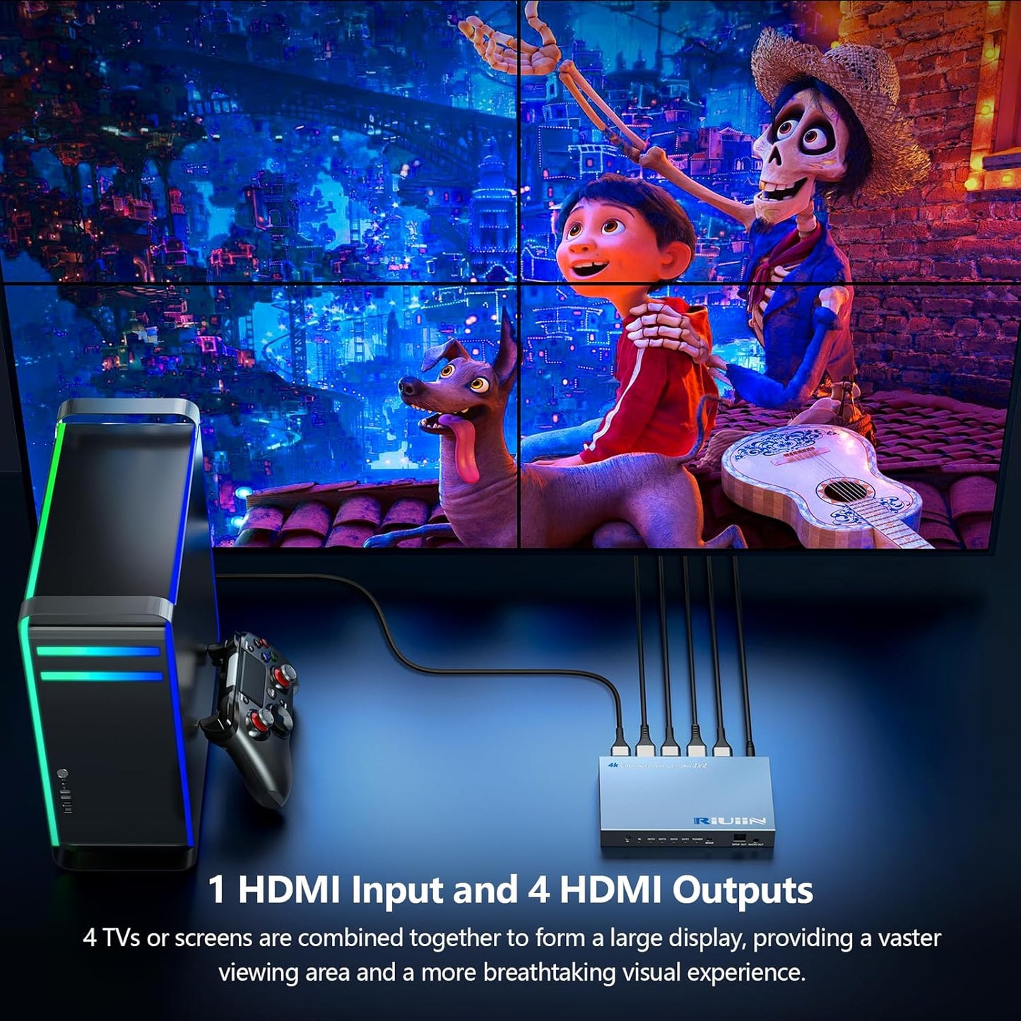 HDMI Video Wall Controller, RIUIIN TV Wall Controller, 4K TV Wall Processor, 180° Rotation, Audio, IR Remote, 2x2,1x2,1x3,1x4,2x1,3x1,4x1, Make 4 tv Screens into Wall Display
