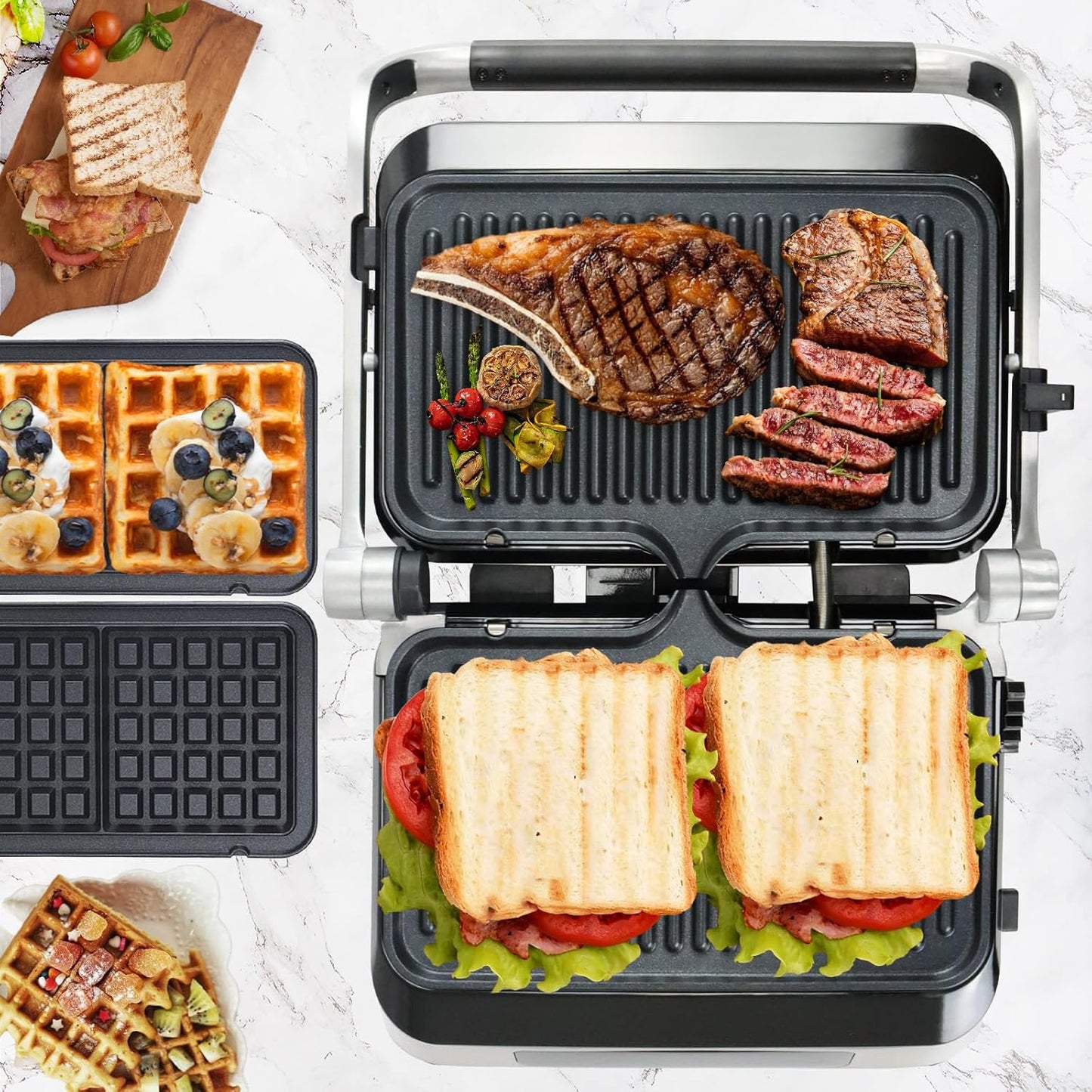 Panini Grill Press Sandwich Maker | Commercial Smokeless Indoor Grill, 1600W, 180° Open, Removable Plates, Stainless Steel, Ideal Kitchen Gift for Steak, Hamburger, Waffle