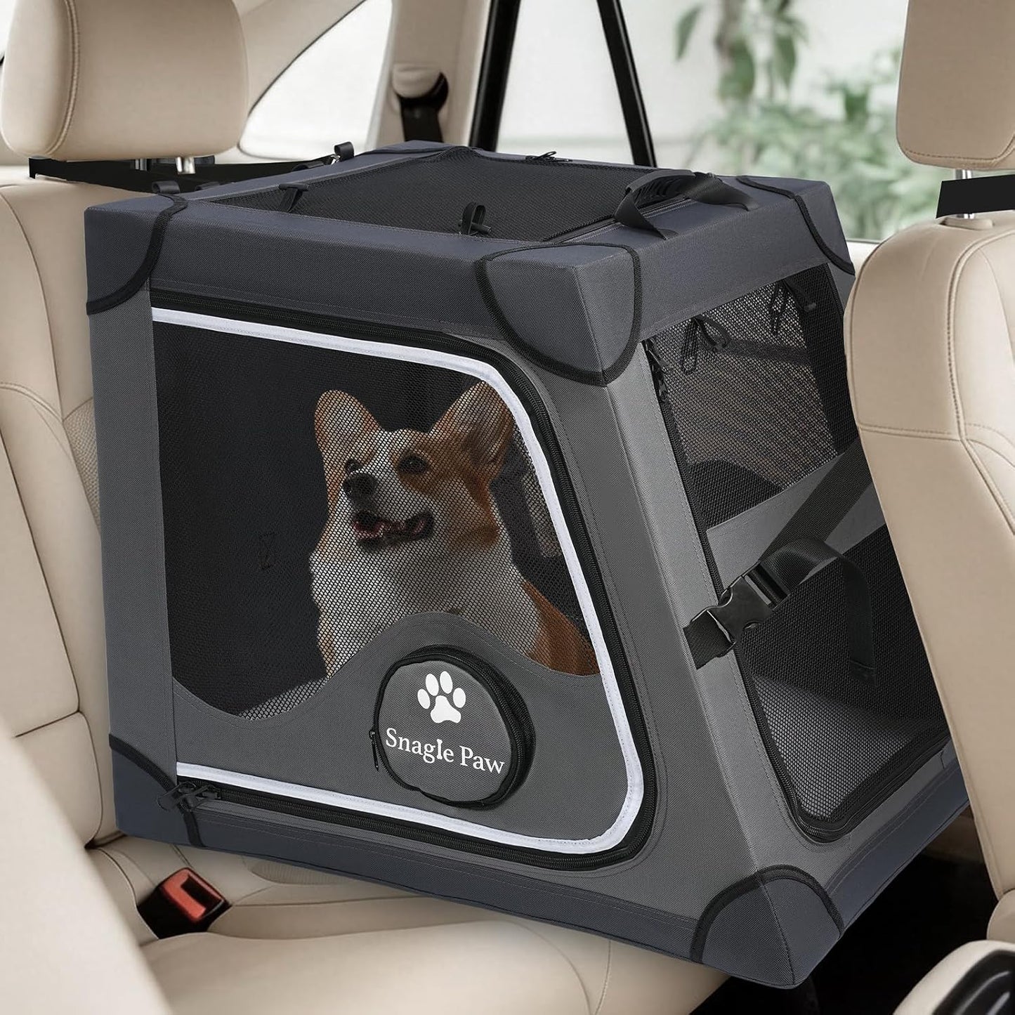Snagle Paw Portable Dog Crate for Car Travel,Metal Frame Pet Crate,Pet Carrier for Car Back Seat Secures with Headrest Strap and Seatbelt,M
