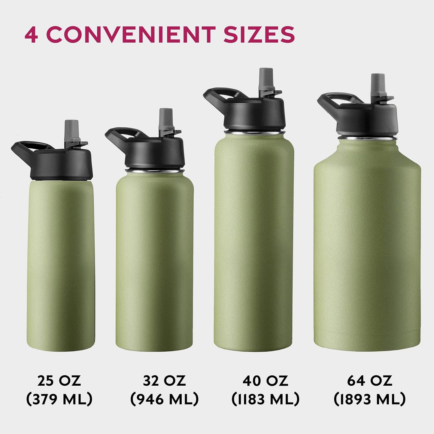 FineDine Water Bottle - Stainless Steel Insulated Water Bottle with Straw Lid, Flip Lid & Wide-Mouth Cap - Keeps Hot and Cold - 25 Oz / 739ml - Pure Pearly White