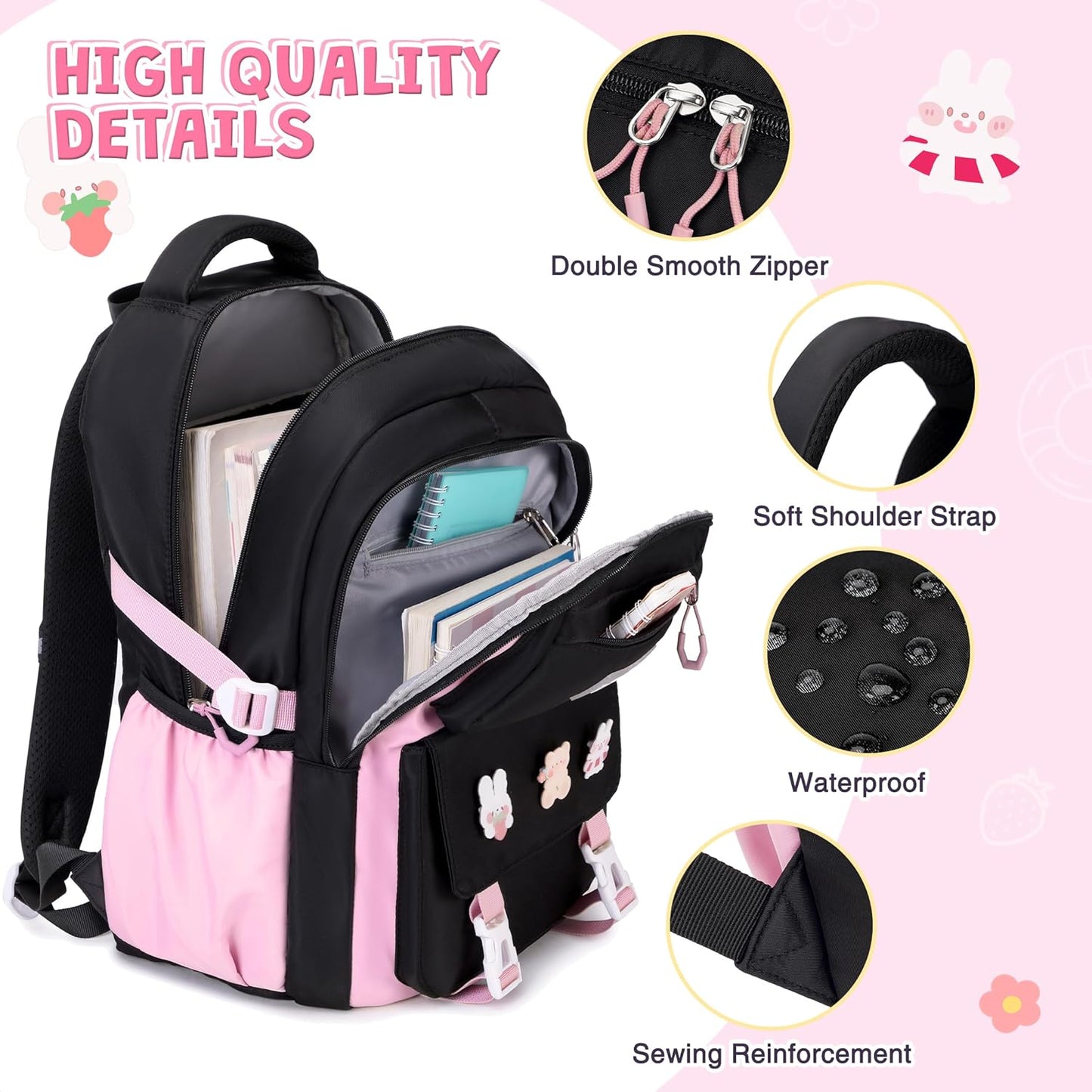 DIGOBAY Girls Backpack, School Backpack for Girls with Lunch Box Pencil Case Set for Teen Kids Girl Elementary Primary Middle High College School Bookbag with Cute Pins Pink