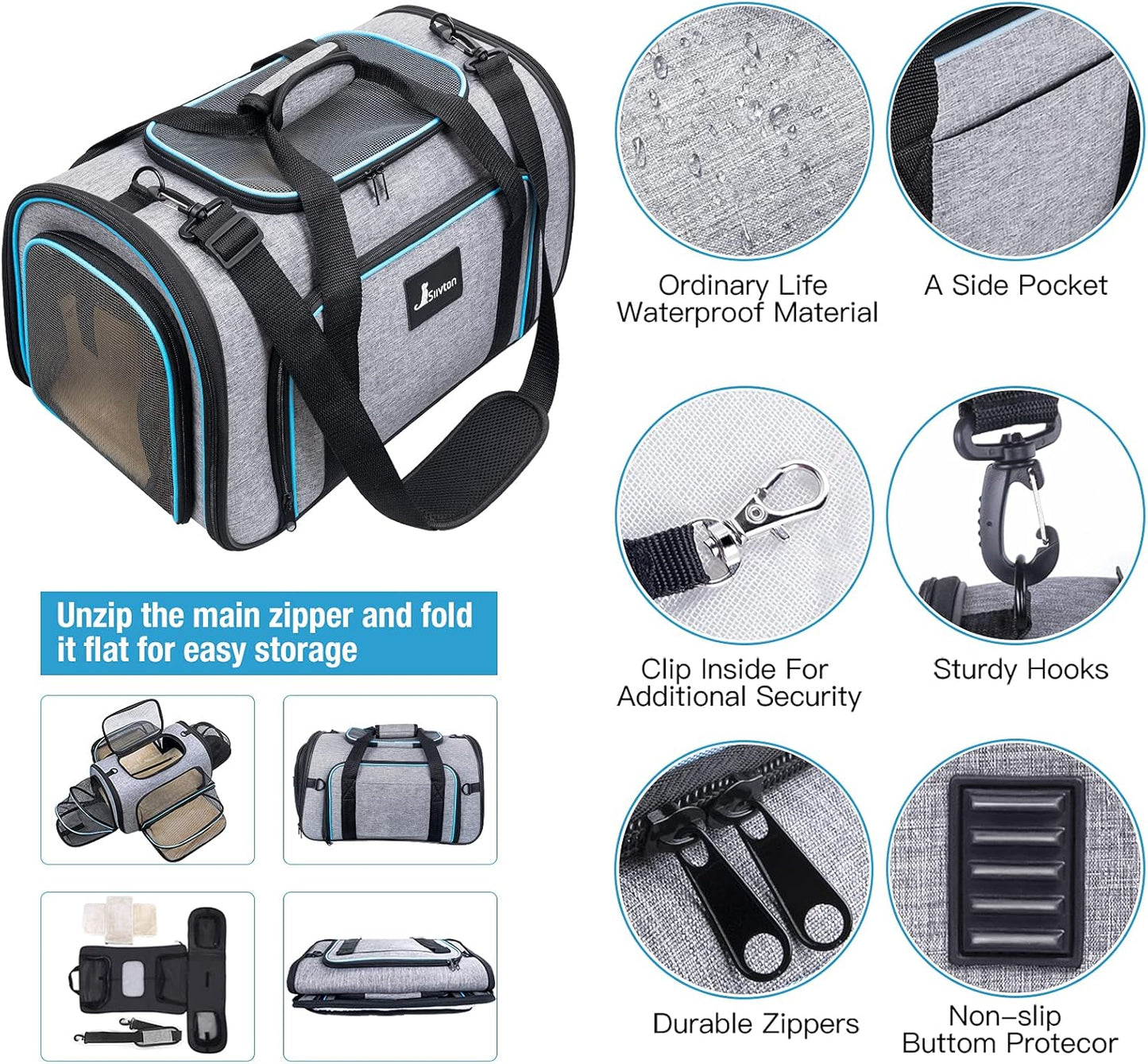 Siivton Cat Carrier,4 Sided Expandable Pet Carrier for Travel,Collapsible Soft-Sided Carriers with Removable Fleece Pad and Shoulder Straps,Airline Approved(17.5"x 11"x 11")
