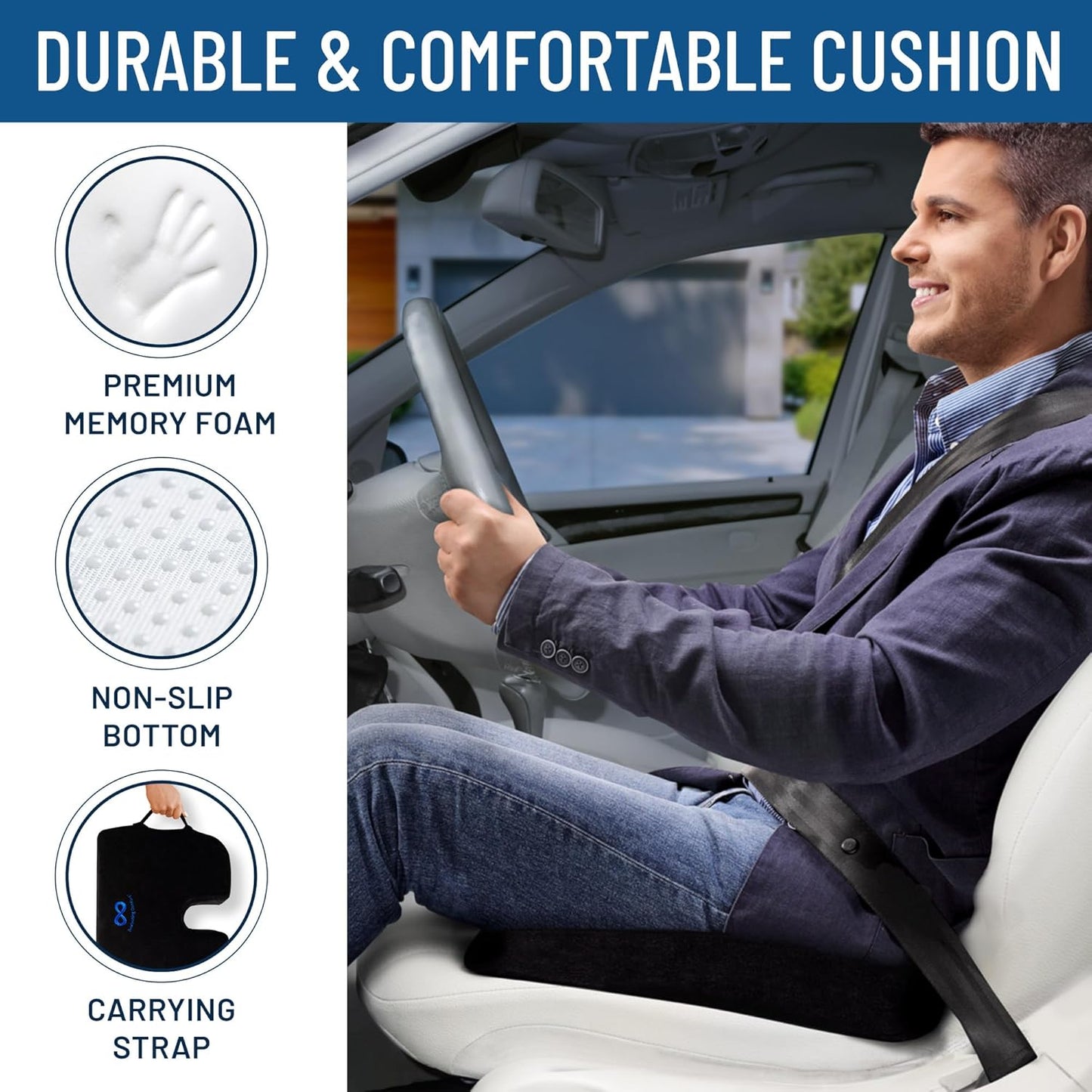 Everlasting Comfort Memory Foam Seat Cushion - Office Chair Cushion for Work, Travel, Car Support Pillow for Driving - Portable Seat for Chairs and Desks - Coussin Chaise - Black