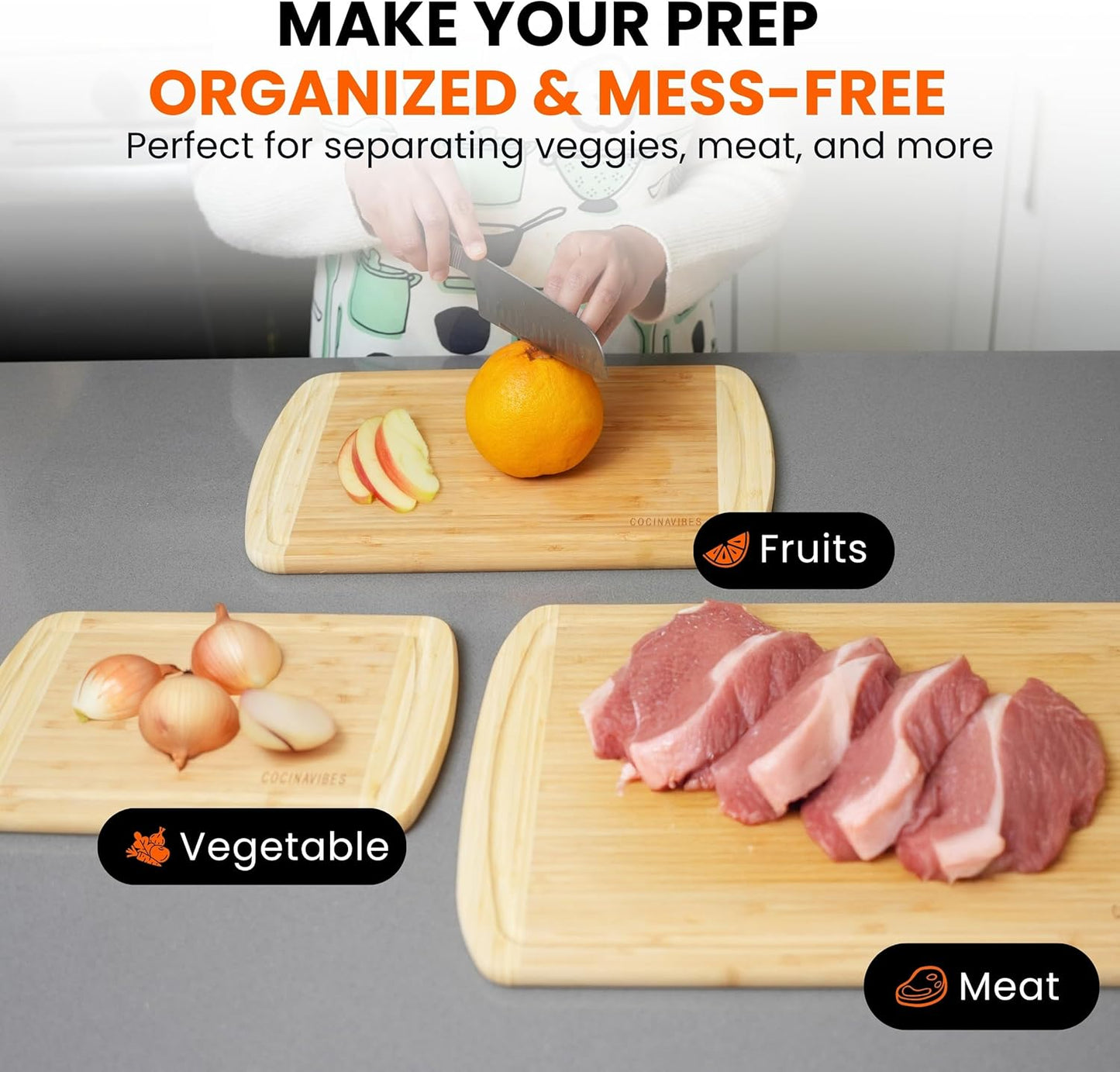 Bamboo Cutting Board Set – Non-Toxic Charcuterie & Chopping Boards for Kitchen, Large & Small Sizes, Safe Cutting Boards for Meat, Cheese, Pizza – Home & Kitchen Gift Idea