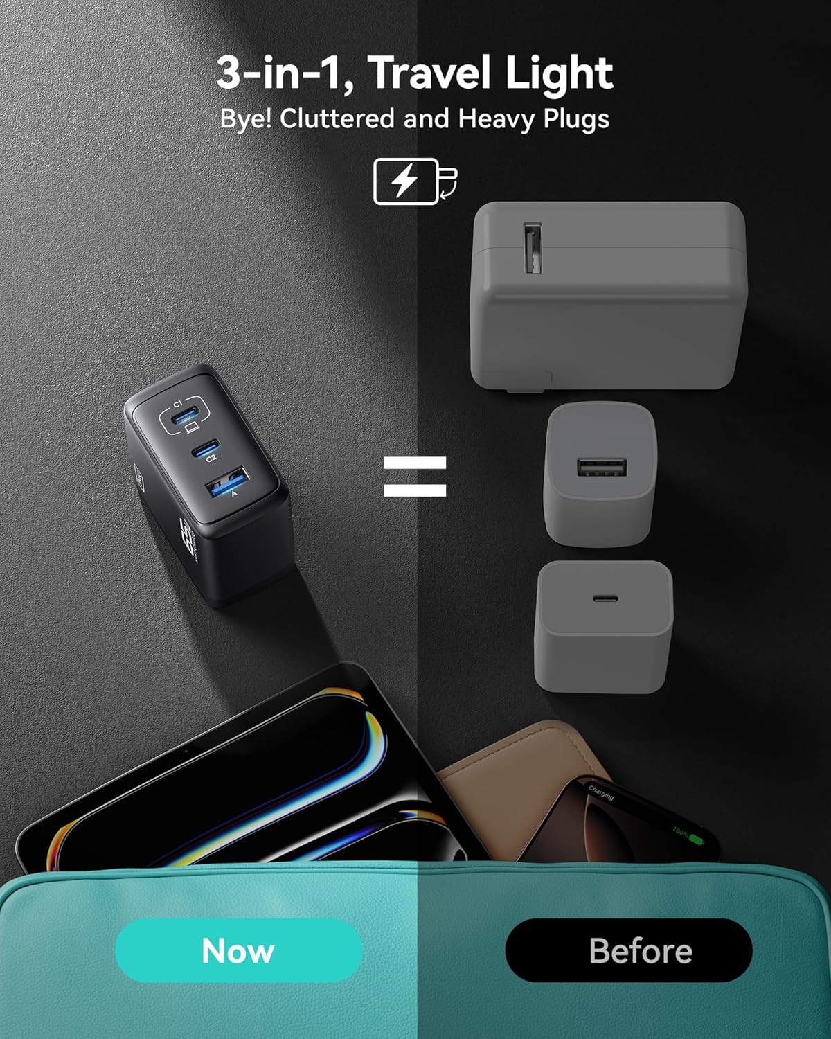 INIU USB C Charger, 65W Fast Charging GaN Wall Charger, 2-Port Compact Foldable PD PPS Charger Block for MacBook Pro/Air, iPad Pro, iPhone 16/15, Galaxy S23, Dell XPS 13, Note 20/10+, Steam Deck