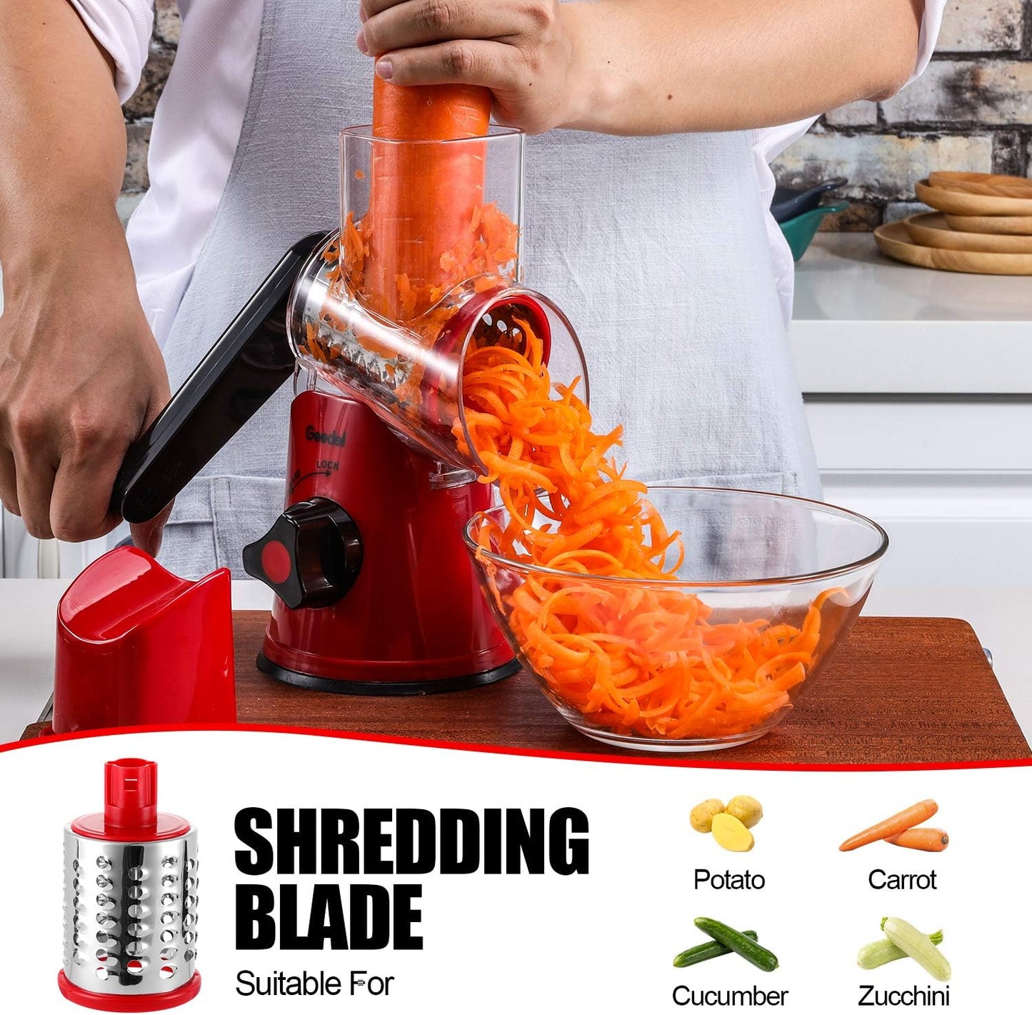 Geedel Kitchen Cheese Grater, Rotary Mandoline Vegetable Slicer with Interchangeable Blades, Easy to Use Rotary Grater Slicer for Fruit, Vegetables, Nuts