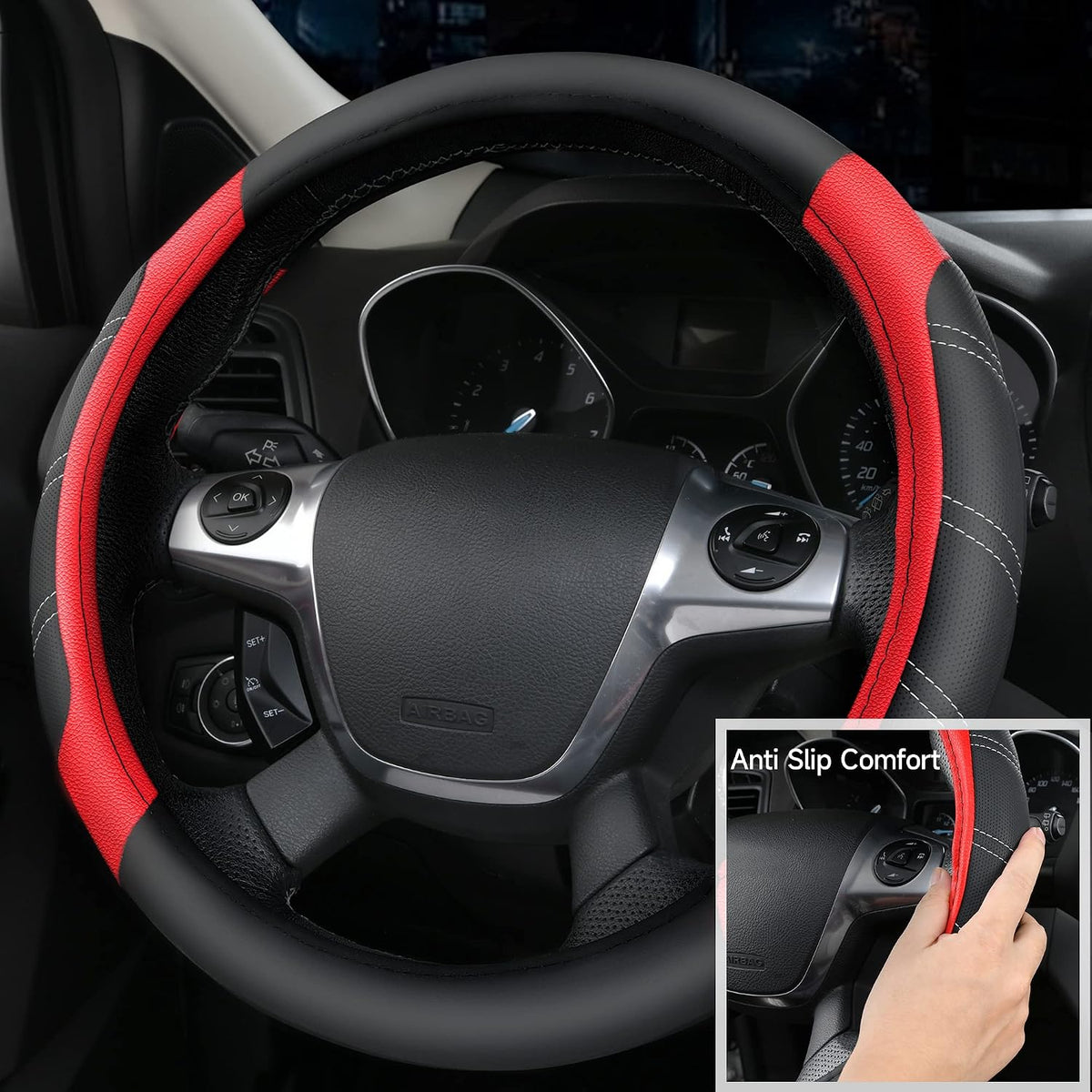 CAR PASS Leather Steering Wheel Cover and Waterproof Car Floor Mats,Microfiber Universal Car Combo Fit for 95% Sedan,SUV,Cars,14.5-15inch Sporty Anti-Slip Safety Comfortable Design(Black&Red)