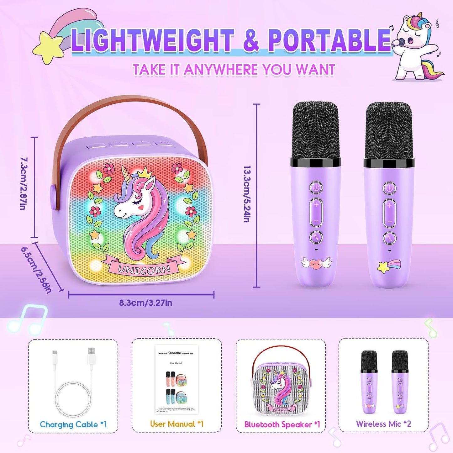 Mini Karaoke Machine for Kids, Exssary 3 4 5 6 7 8-12 Year Old Girl Gifts Portable Bluetooth Speaker with 2 Wireless Microphone Unicorn Toys Birthday Gifts for Girls Kids Teens (Pink)