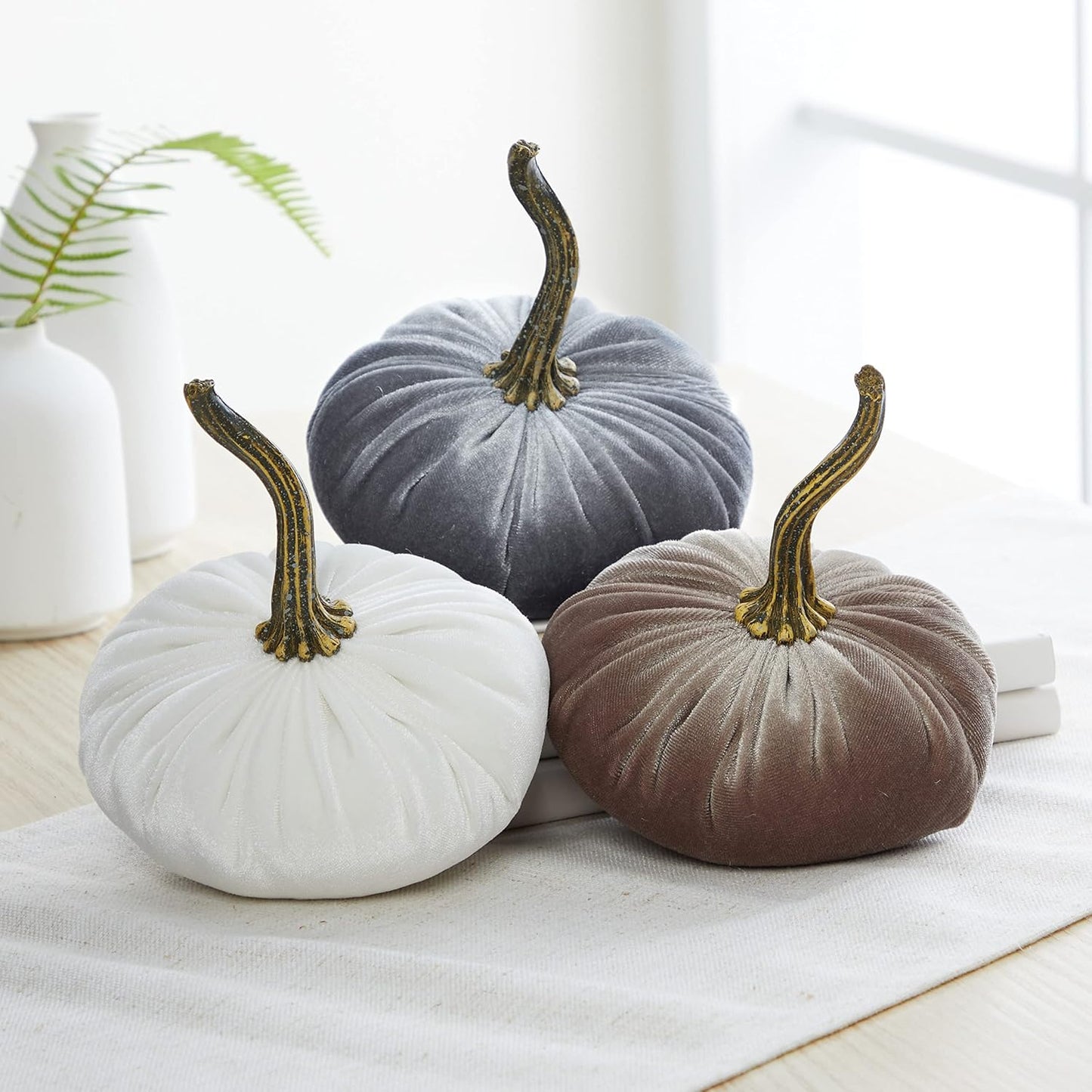 Velvet pumpkins set of 3 small, neutral home decor, fall tablescape, tiered tray centerpiece, elegant gift set for friend, Thanksgiving centerpiece, cozy autumn vibe, hygge home (Gray, Taupe, Ivory)