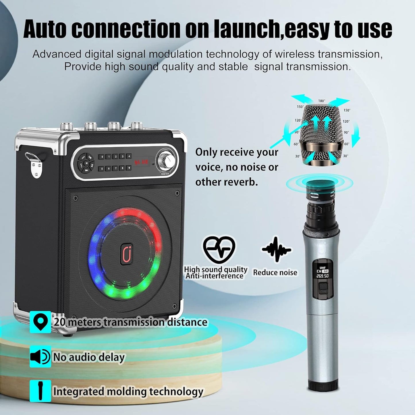 JYX Karaoke Machine with Two Wireless Microphones, Portable Bluetooth Speaker with Bass/Treble Adjustment, Remote Control and LED Lights, Supports TF Card/USB, AUX in, FM, REC for Party