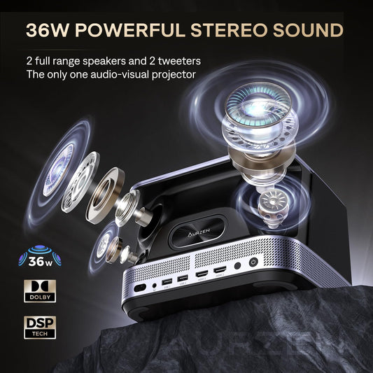 AURZEN Boom 3 Smart Projector, 4K Support, Official NetfIix, 3D DoIby Audio, 36W Speakers, AI Auto Focus & Keystone, WiFi Bluetooth 60Hz Outdoor Projecteur, Black - PuriLite