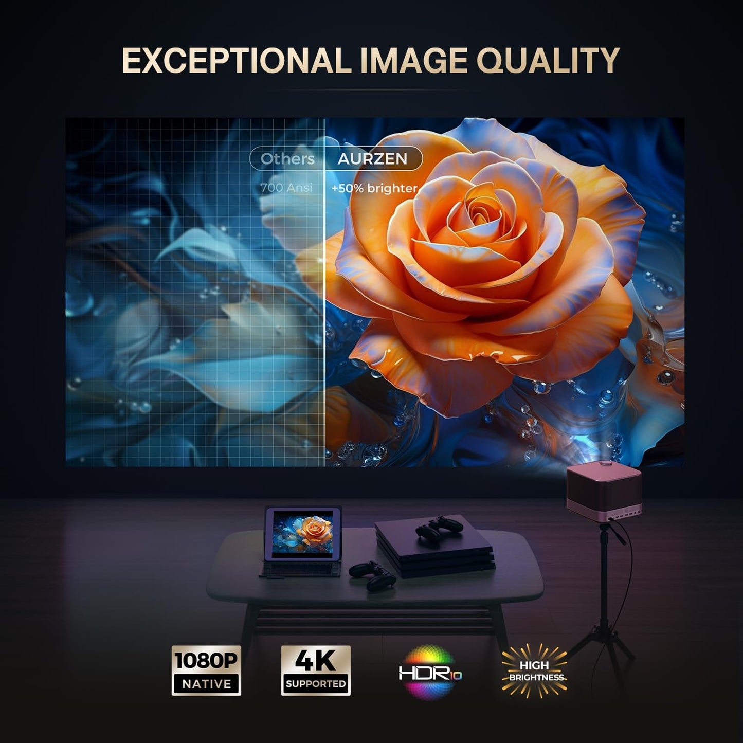 AURZEN Boom 3 Smart Projector, 4K Support, Official NetfIix, 3D DoIby Audio, 36W Speakers, AI Auto Focus & Keystone, WiFi Bluetooth 60Hz Outdoor Projecteur, Black
