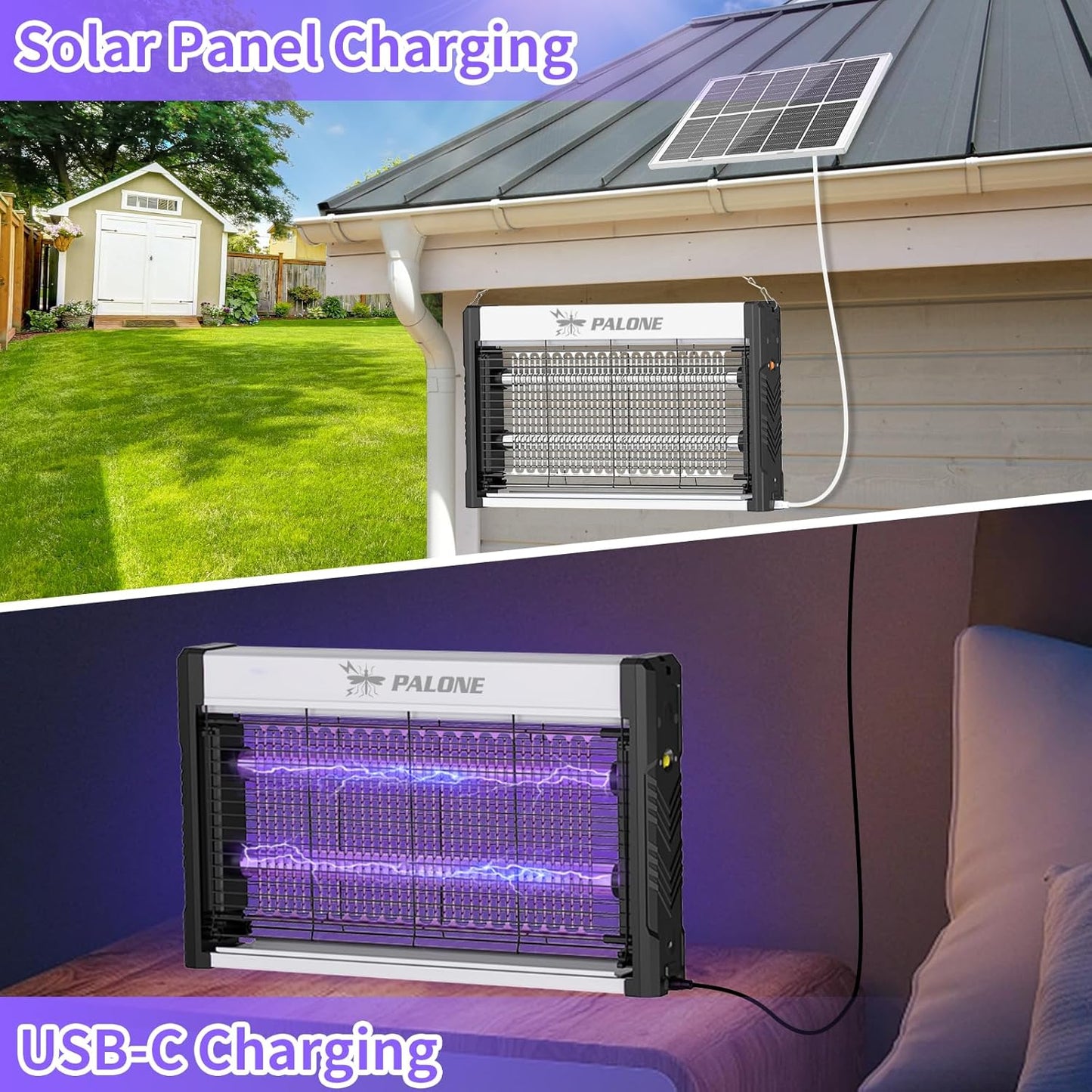 PALONE Solar Bug Zapper, 4000V Electric Bug Zapper with 8W Solar Panel, Rechargeable Bug Zapper with LED Light, Fly Zapper with Fireproof Waterproof, Indoor Outdoor Zapper for Kitchen,Camping,Patio