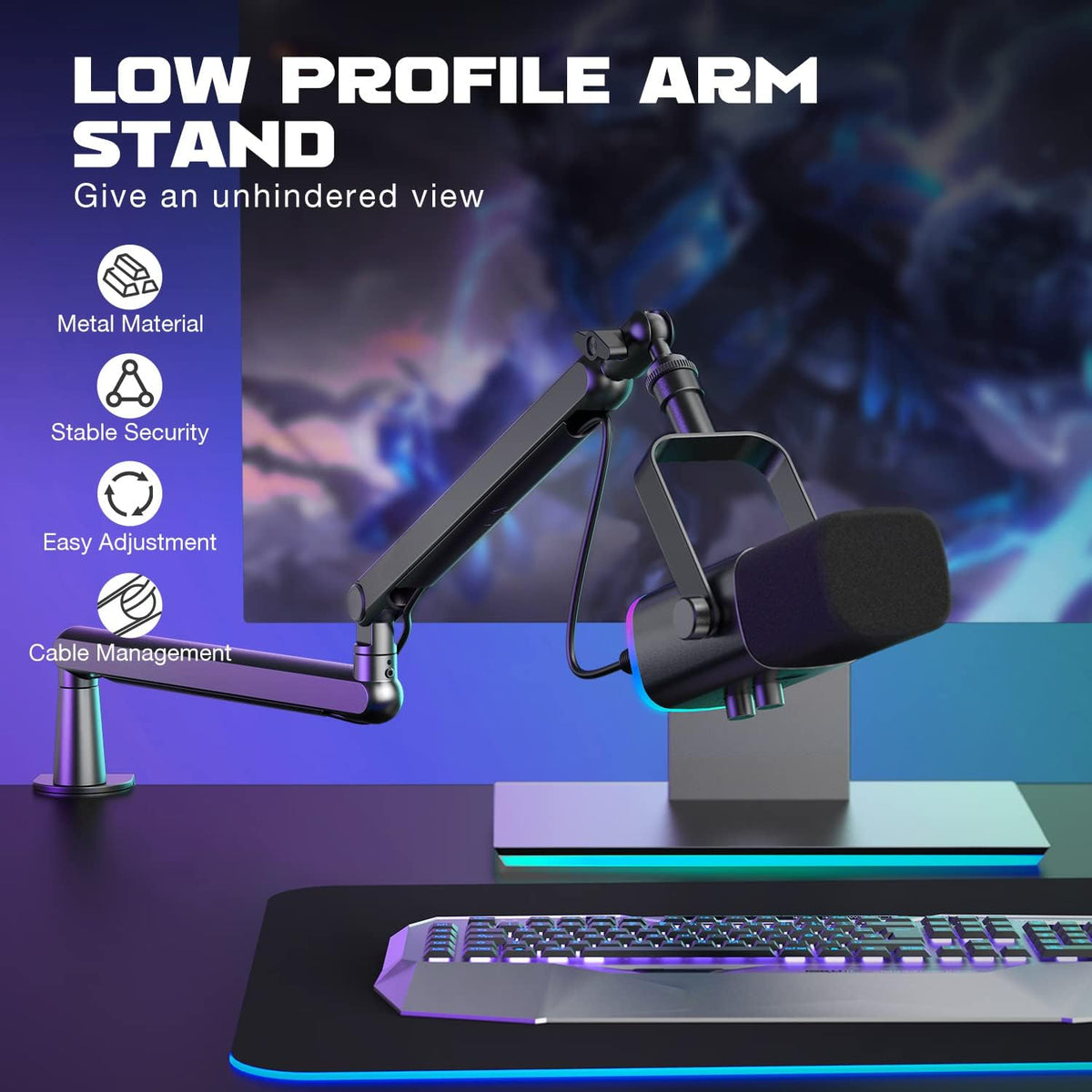 FIFINE BM88 Low Profile Microphone Boom Arm Stand – Adjustable Metal Mic Arm with Desk Clamp, Cable Management, 1/4” 3/8” 5/8” Threads - PuriLite