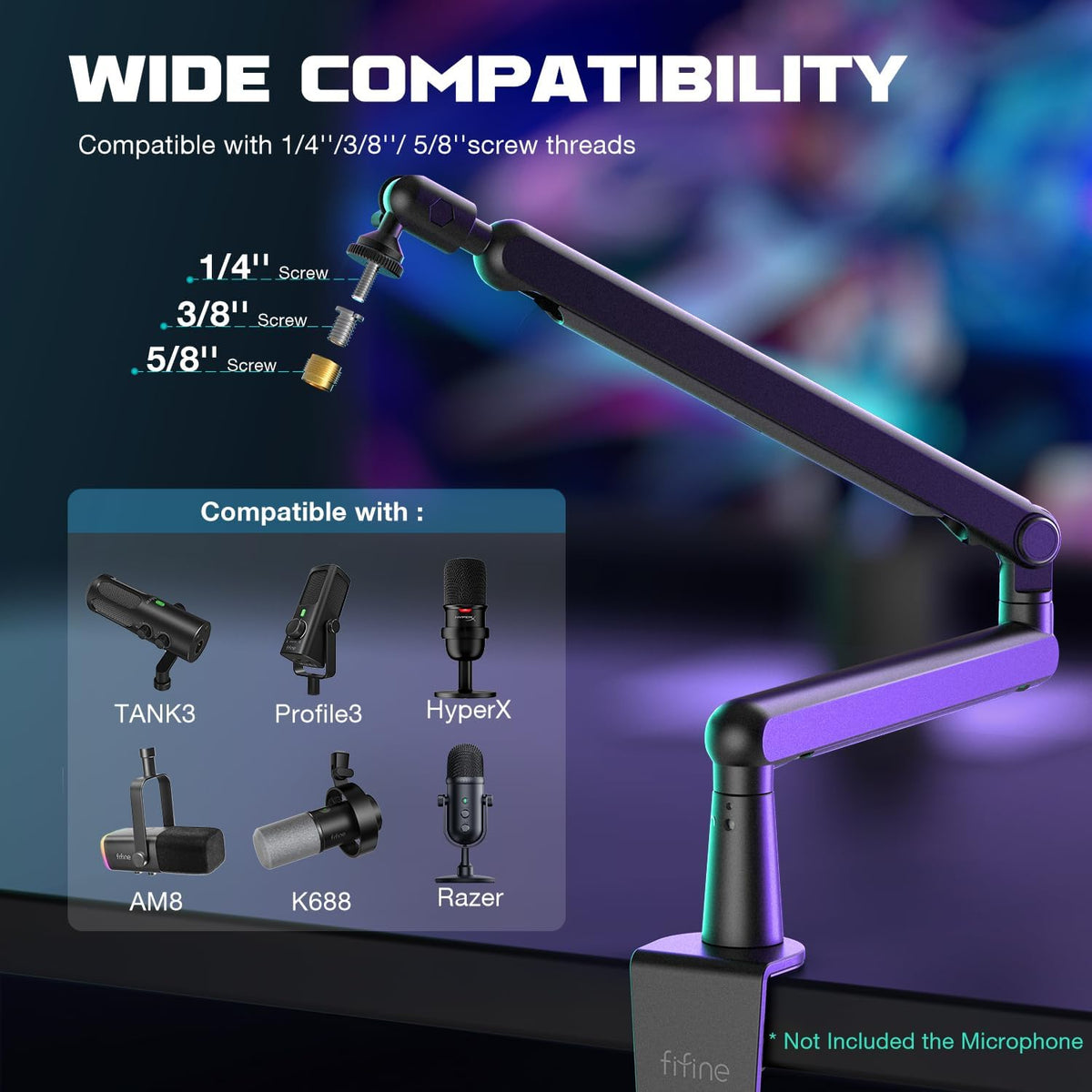 FIFINE BM88 Low Profile Microphone Boom Arm Stand – Adjustable Metal Mic Arm with Desk Clamp, Cable Management, 1/4” 3/8” 5/8” Threads - PuriLite
